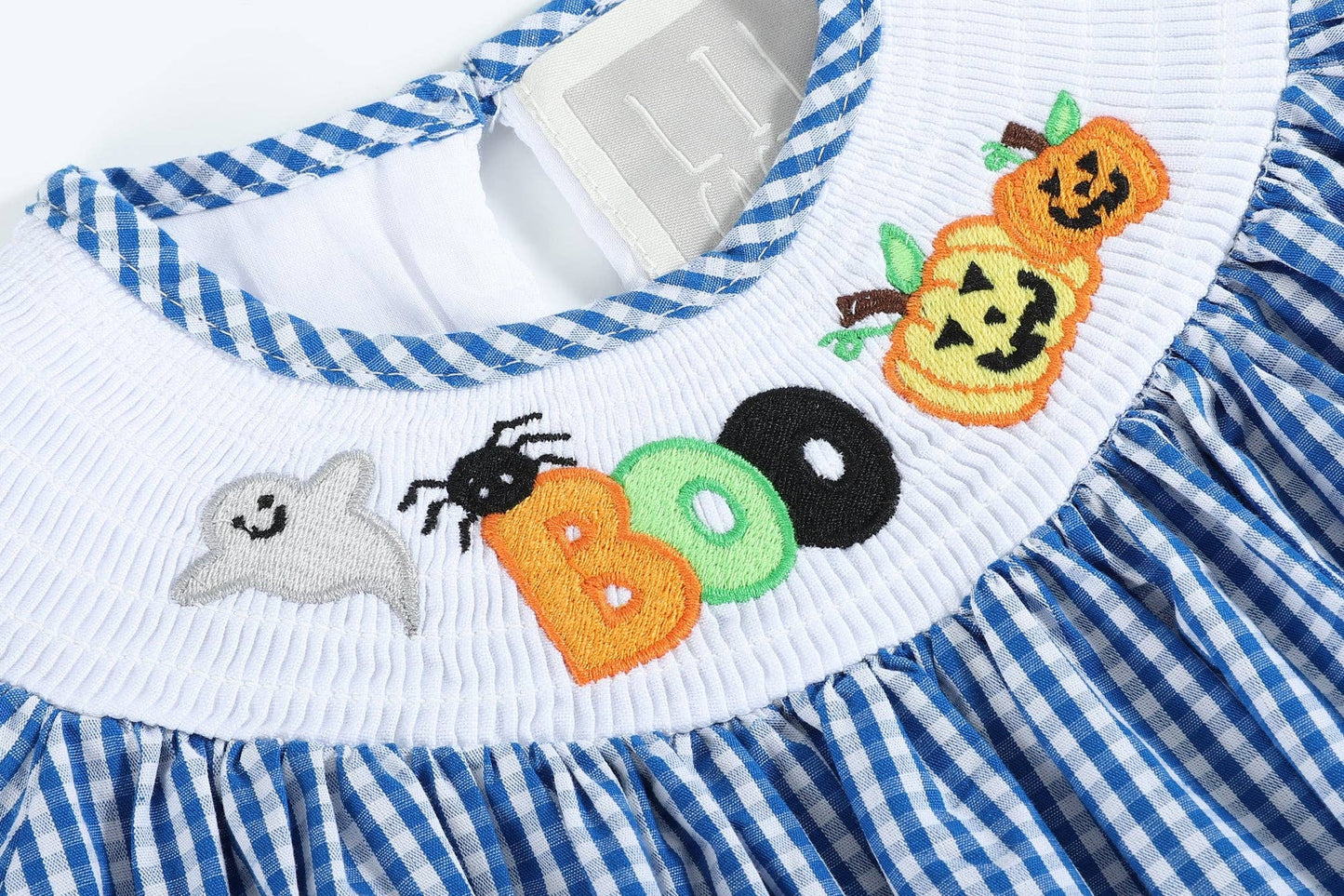 Lil Cactus - Blue Gingham Halloween Boo Smocked Bishop Dress