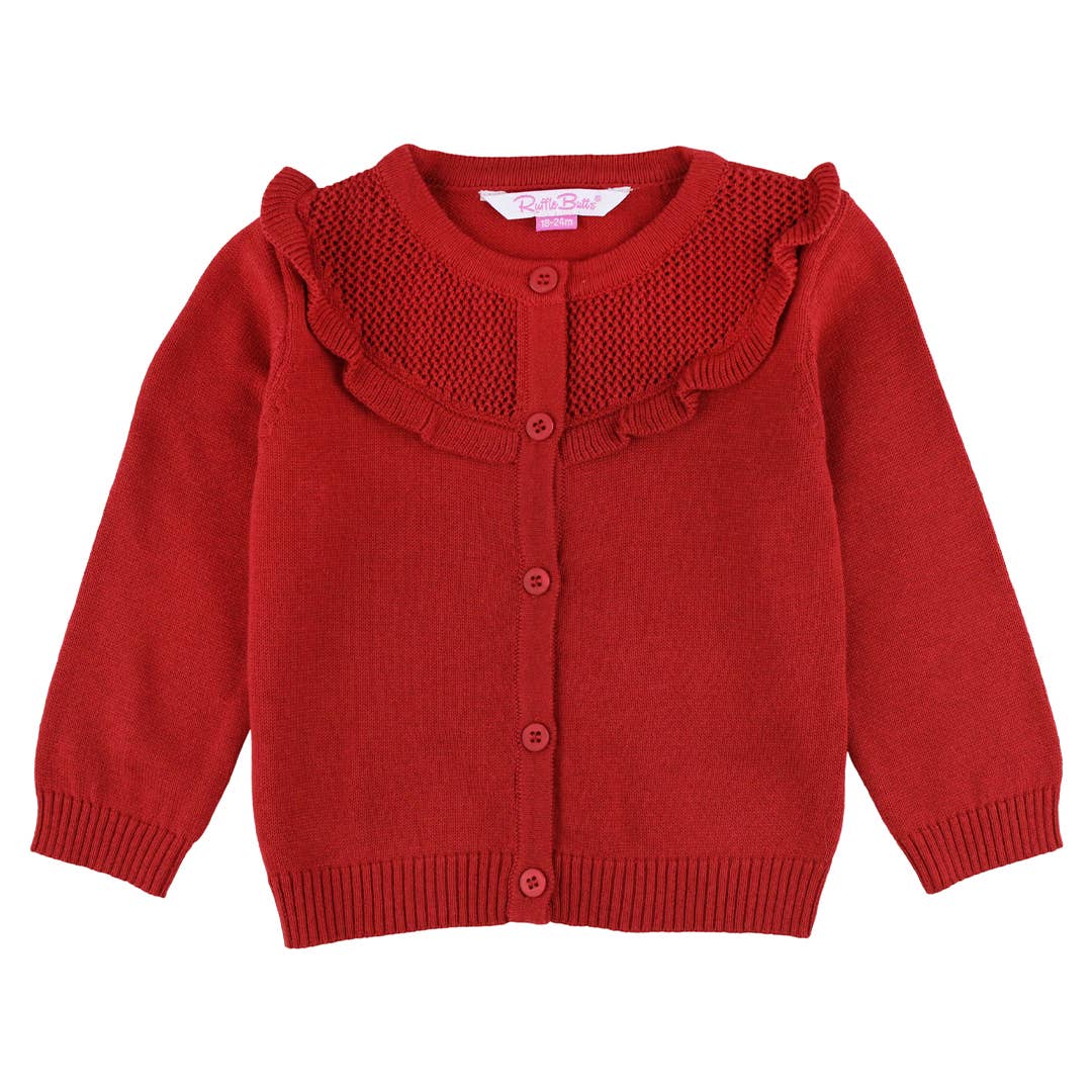 RuffleButts + RuggedButts - Girls Classic Red Sweater Knit Ruffle Trim Cardigan