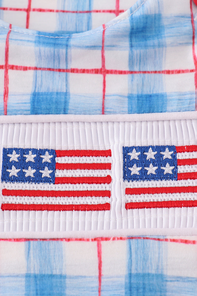 Abby & Evie - Flag Embroidery Smocked Plaid JonJon