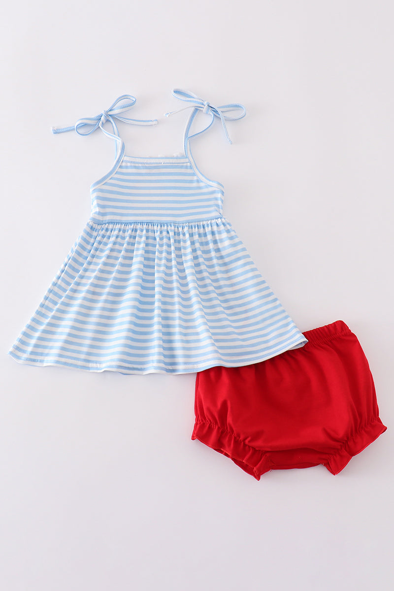 Abby & Evie - Blue & Red Character Applique Bloomer Set