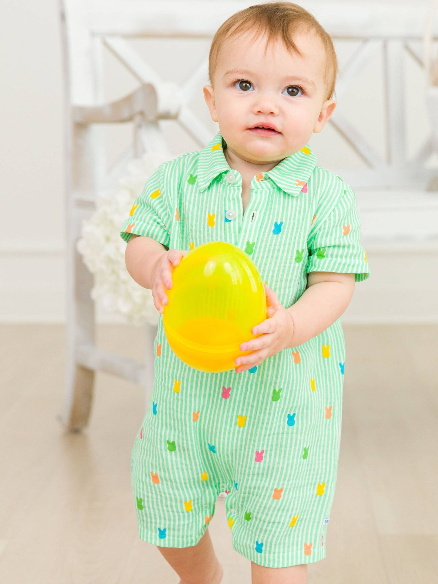 RuffleButts + RuggedButts - Baby Boys Green Bunny Stripe Cotton Gauze Button-Up Romper