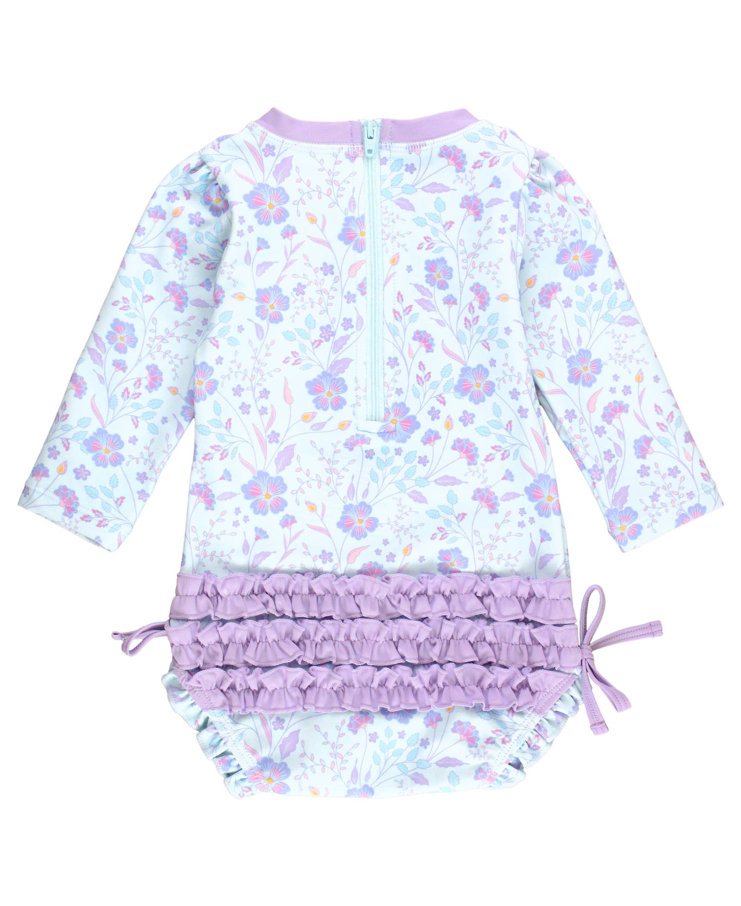 RuffleButts + RuggedButts - Baby Girls Fairytale Garden Long Sleeve One Piece Rash Guard Swimsuit with Signature Rear Ruffles