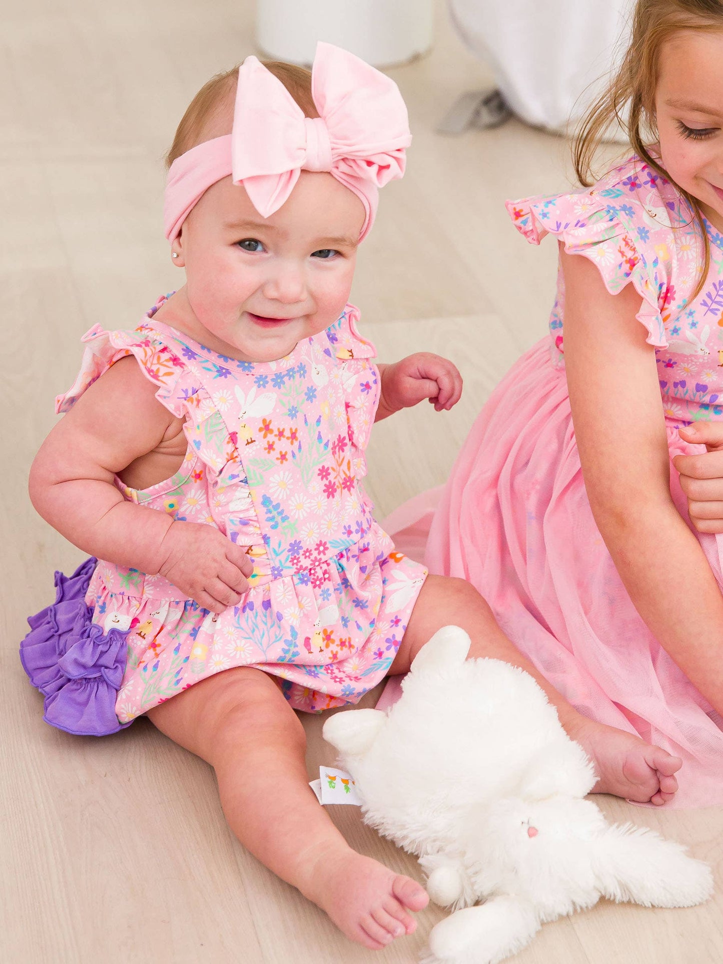 RuffleButts + RuggedButts - Baby Girls Bunny and Friends Tank Waterfall Romper