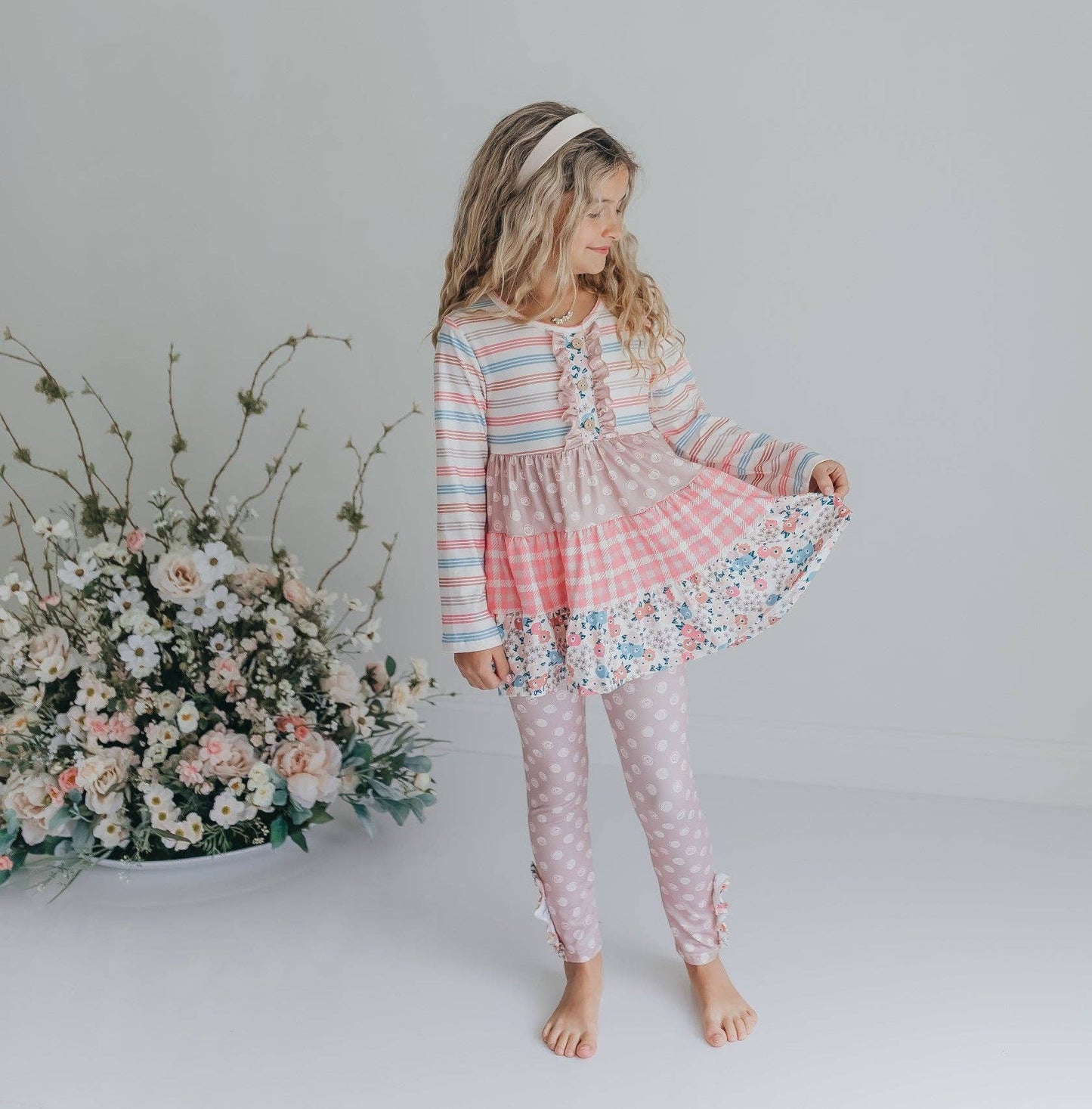 Adorable Sweetness - Girls Sand Floral 3 Tiered Fall Ruffle Button Legging Set