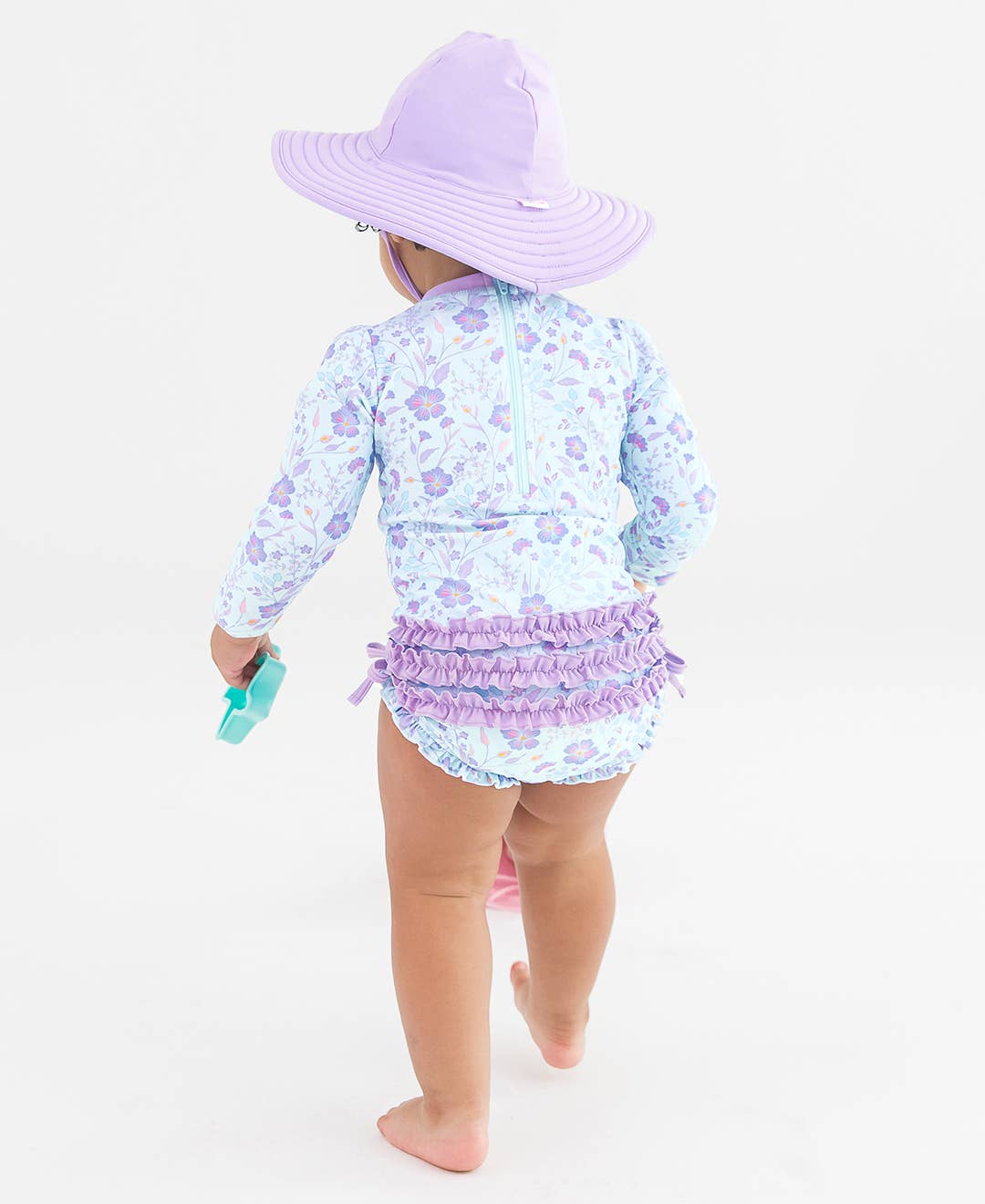 RuffleButts + RuggedButts - Baby Girls Fairytale Garden Long Sleeve One Piece Rash Guard Swimsuit with Signature Rear Ruffles