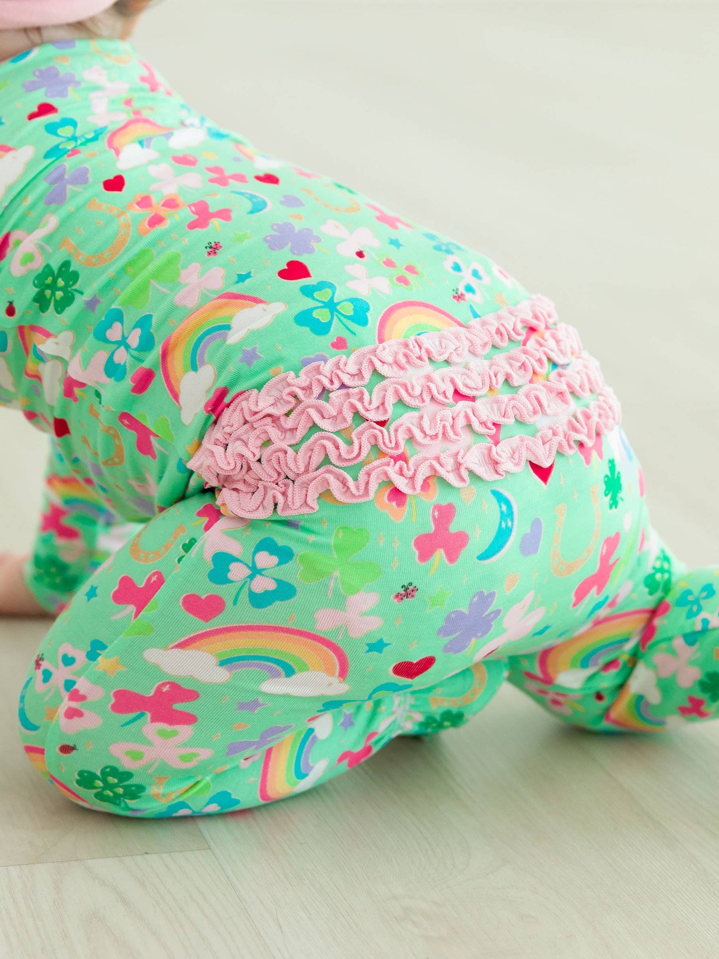 RuffleButts + RuggedButts - Baby Girls Green Lucky Day Bamboo Viscose Footed Ruffle One Piece Pajama