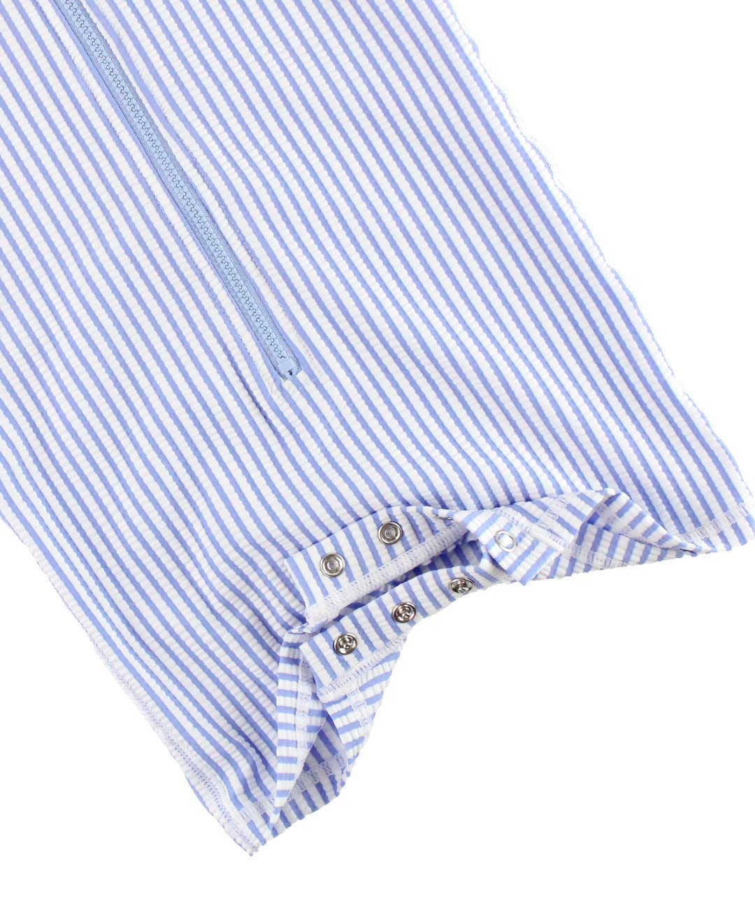 RuffleButts + RuggedButts - Baby Boys Periwinkle Blue Seersucker Short Sleeve One Piece Rash Guard