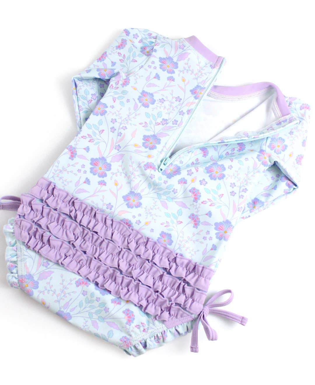 RuffleButts + RuggedButts - Baby Girls Fairytale Garden Long Sleeve One Piece Rash Guard Swimsuit with Signature Rear Ruffles