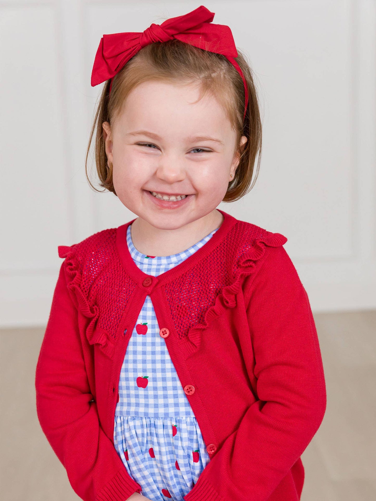 RuffleButts + RuggedButts - Girls Classic Red Sweater Knit Ruffle Trim Cardigan