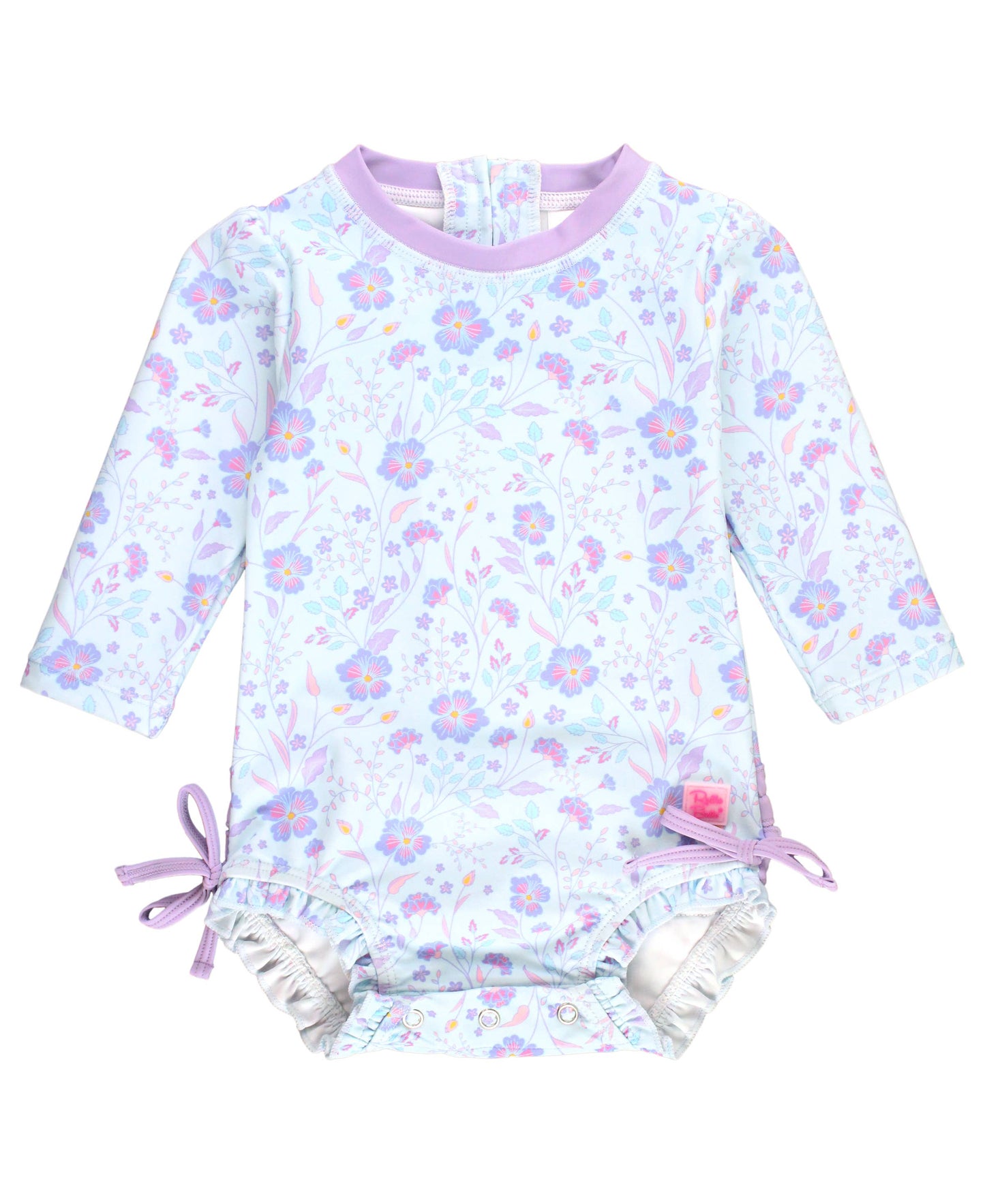 RuffleButts + RuggedButts - Baby Girls Fairytale Garden Long Sleeve One Piece Rash Guard Swimsuit with Signature Rear Ruffles