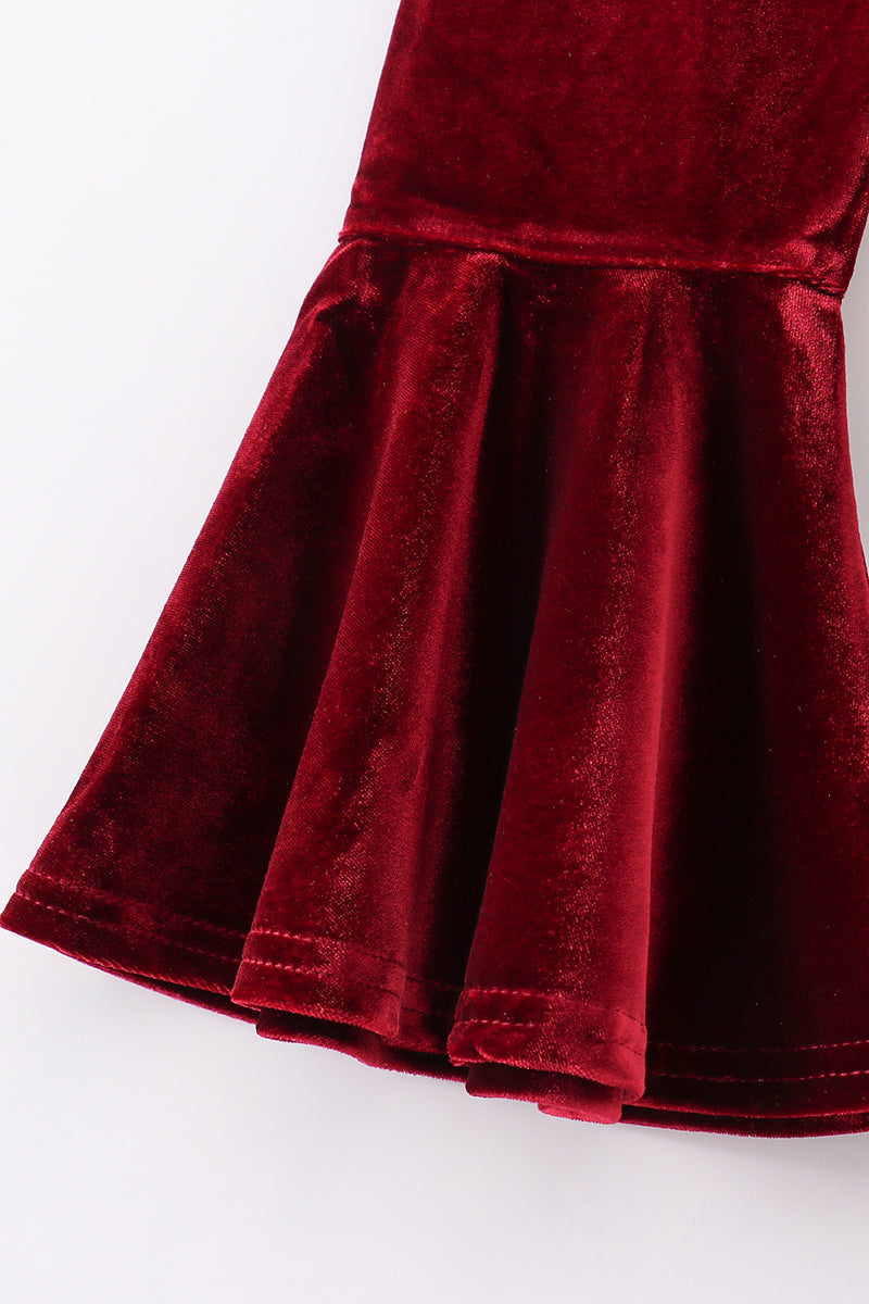 Abby and Evie - Premium Maroon Velvet Tiered ruffle Dress and Pants