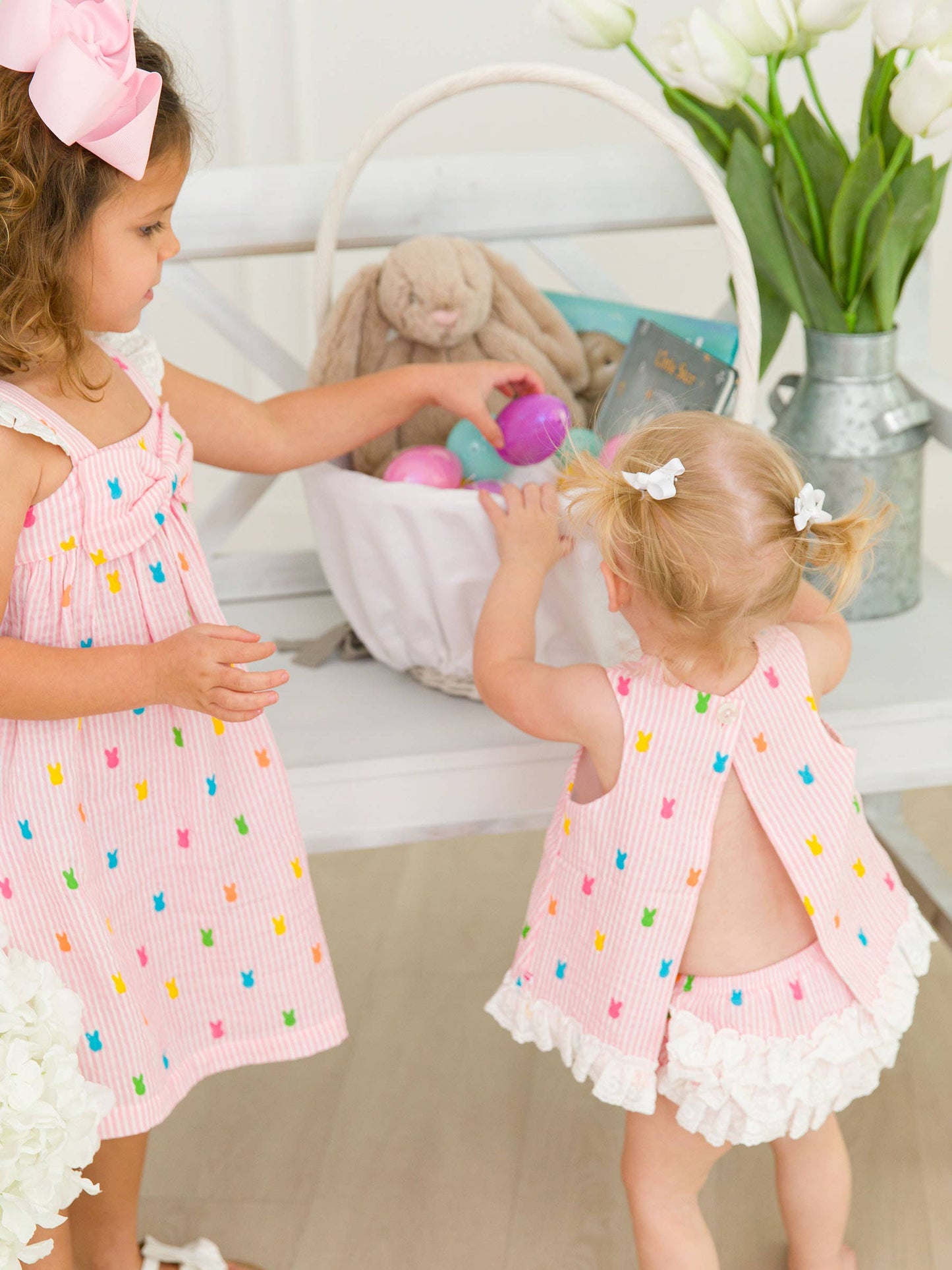 RuffleButts + RuggedButts - Baby Girls Pink Bunny Stripe Cotton Gauze Swing Top and Bloomer Set