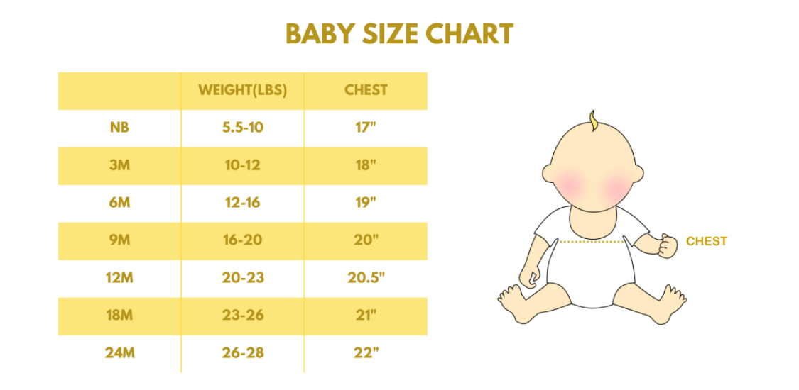 Baby size chart with measurements and a baby illustration on a white background