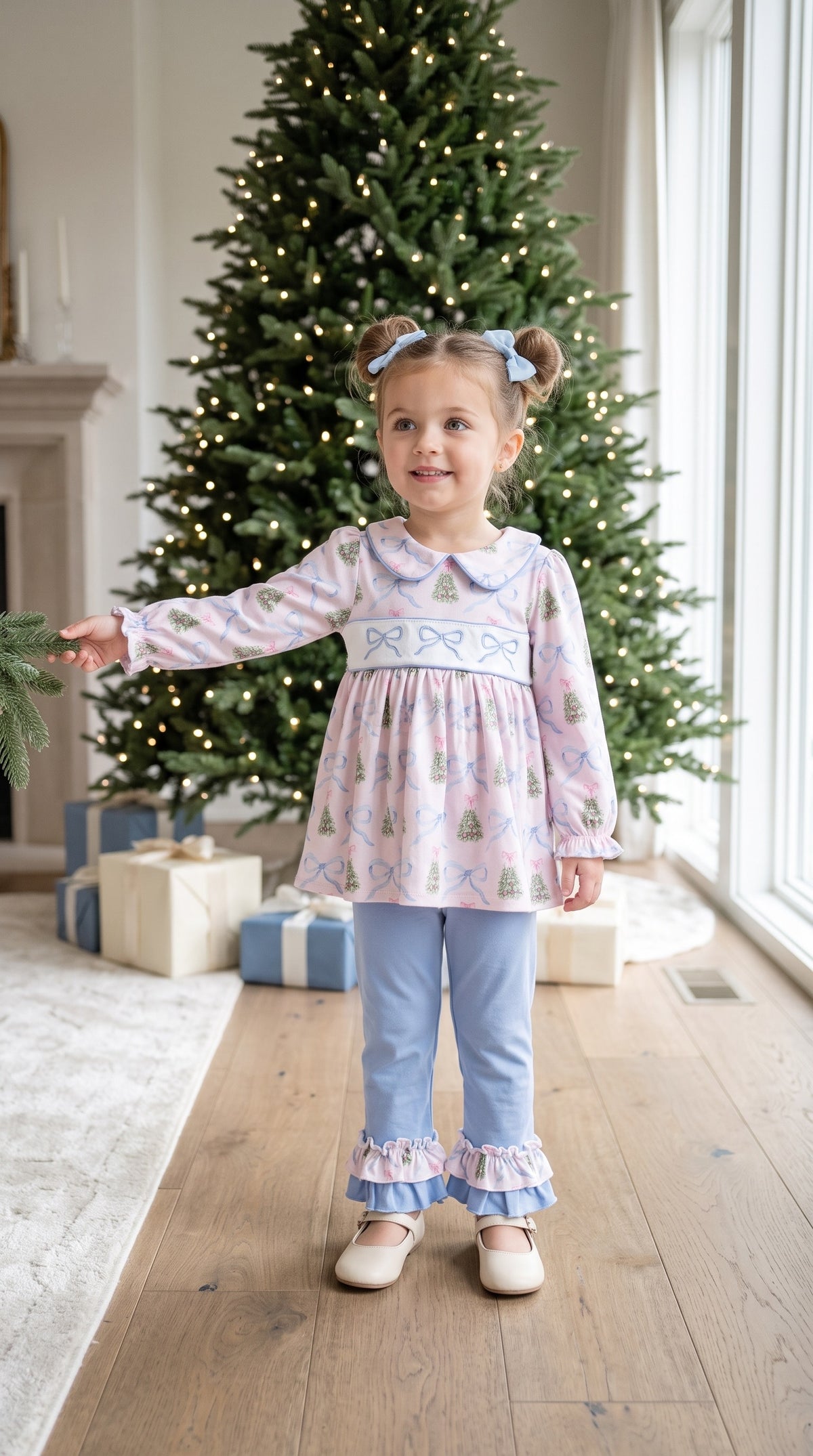 Max and Pippa | Coquette Bow Christmas Two Piece Embroidered Ruffle Pants Set