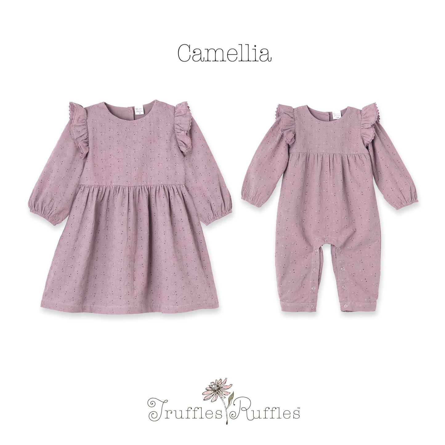 Mauve Eyelet Girls Romper – Embroidered Cotton Ruffle Sleeve
