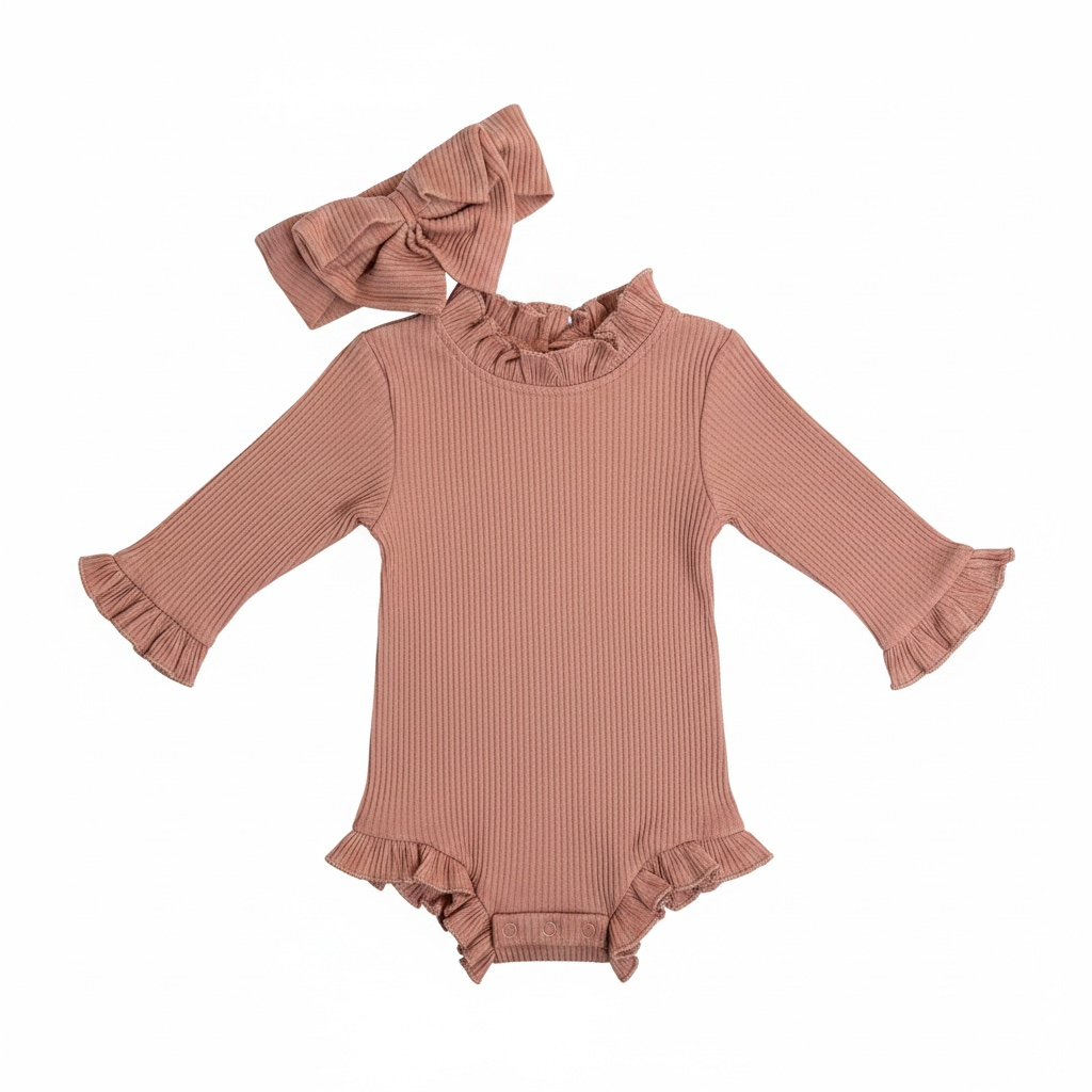 Sample Sale - Rose Colored Ribbed Ruffle Long Sleeve Onesie with Bow