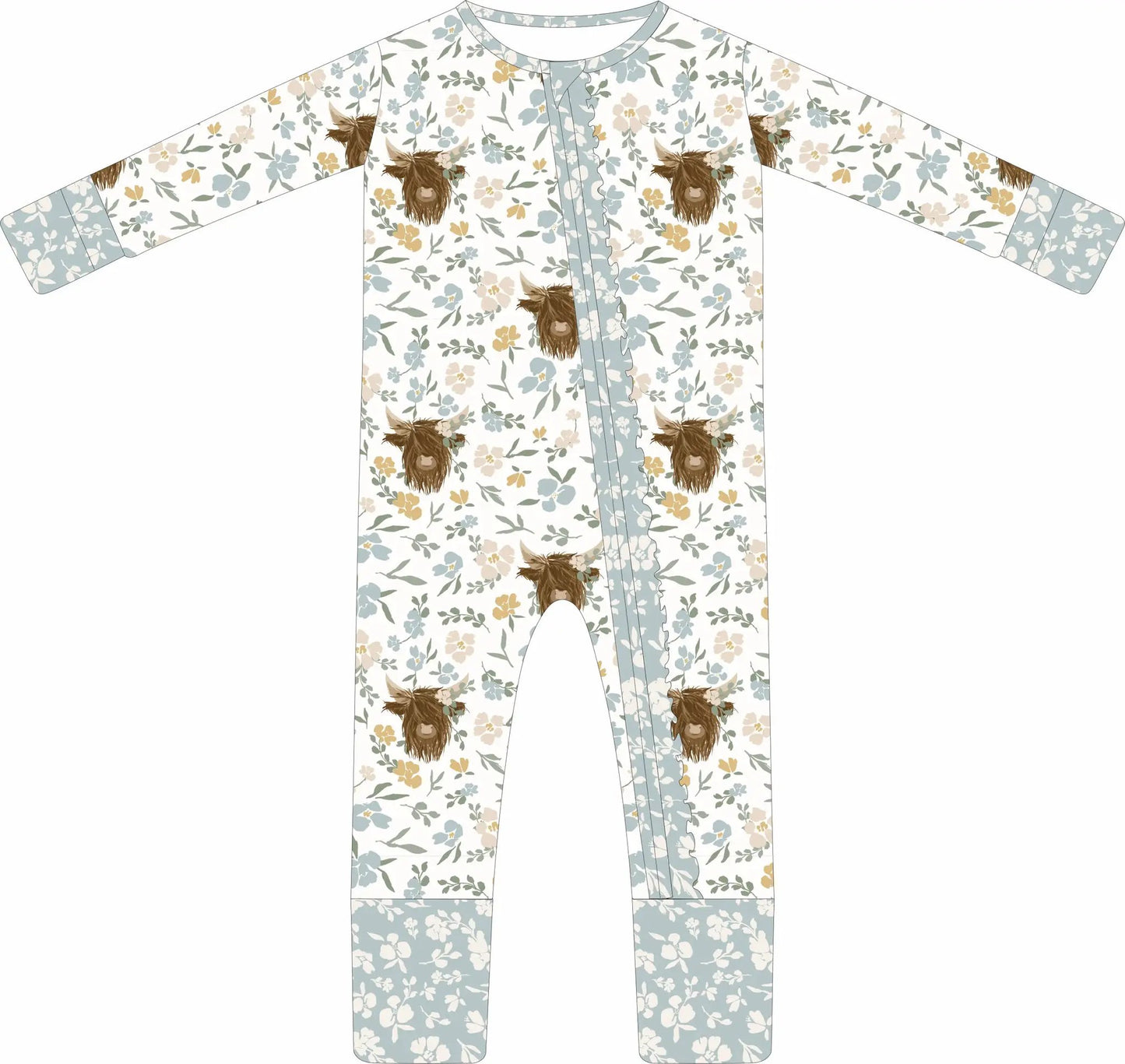 Max and Pippa - Bamboo Floral Highland Cow Zippie Convertible Pajamas by Max and Pippa