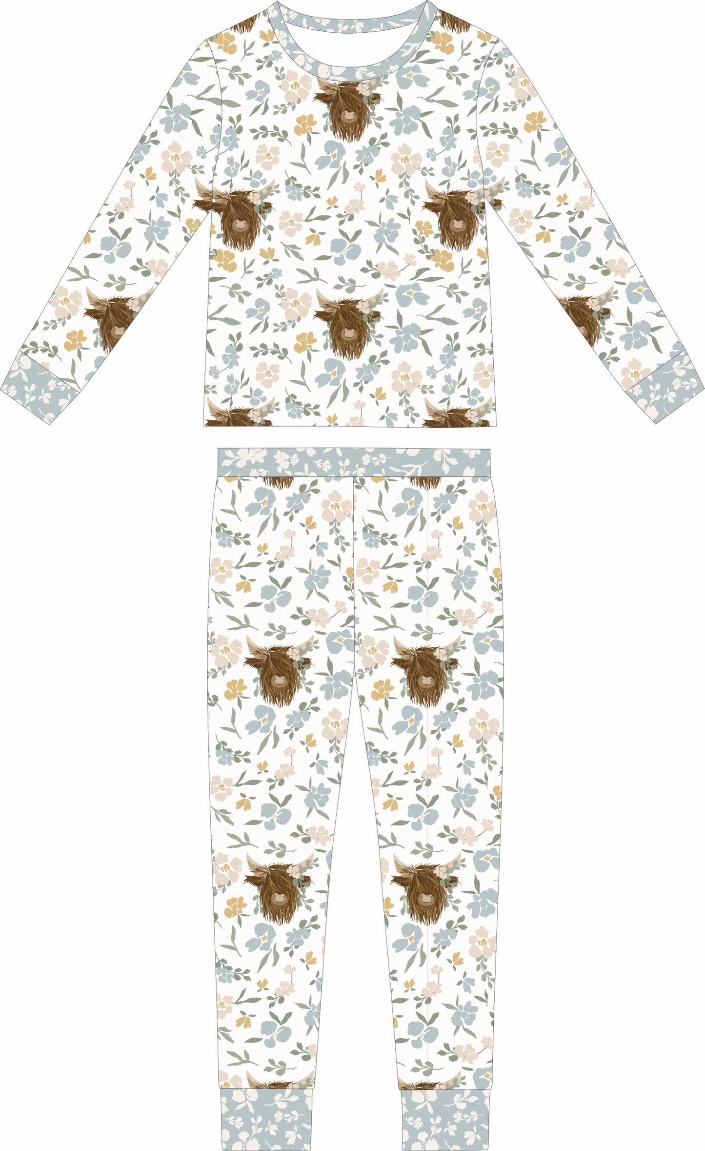 Max and Pippa - Bamboo Floral Highland Cow 2-Piece Pajama Set
