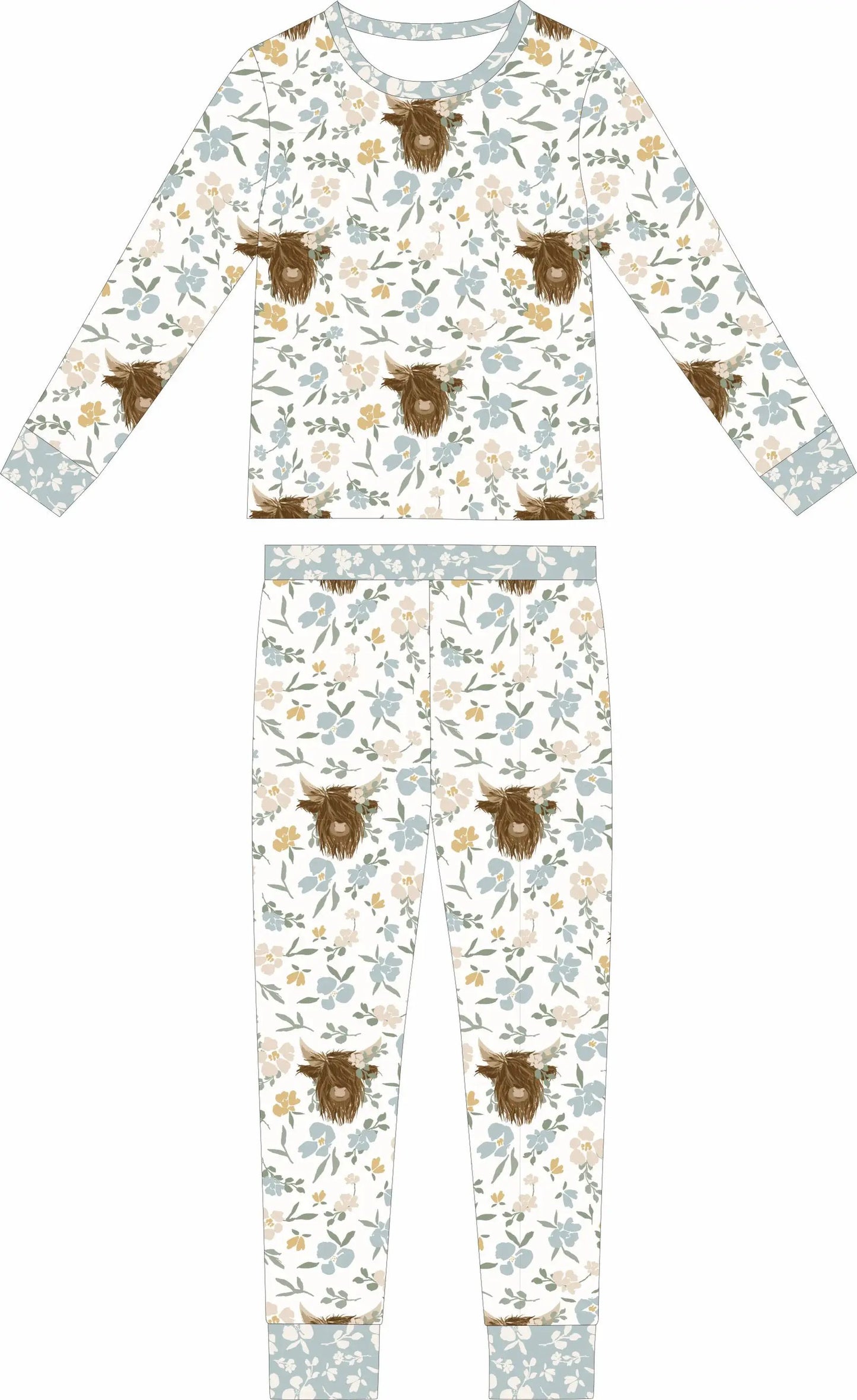 Max and Pippa - Bamboo Floral Highland Cow 2-Piece Pajama Set by Max and Pippa