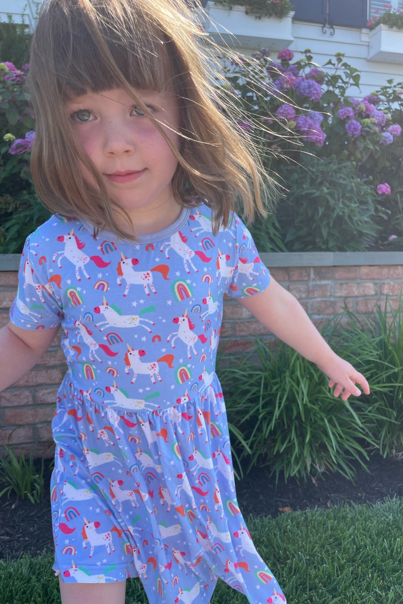 Stretchy Short Sleeve Twirl Dress - Unicorns