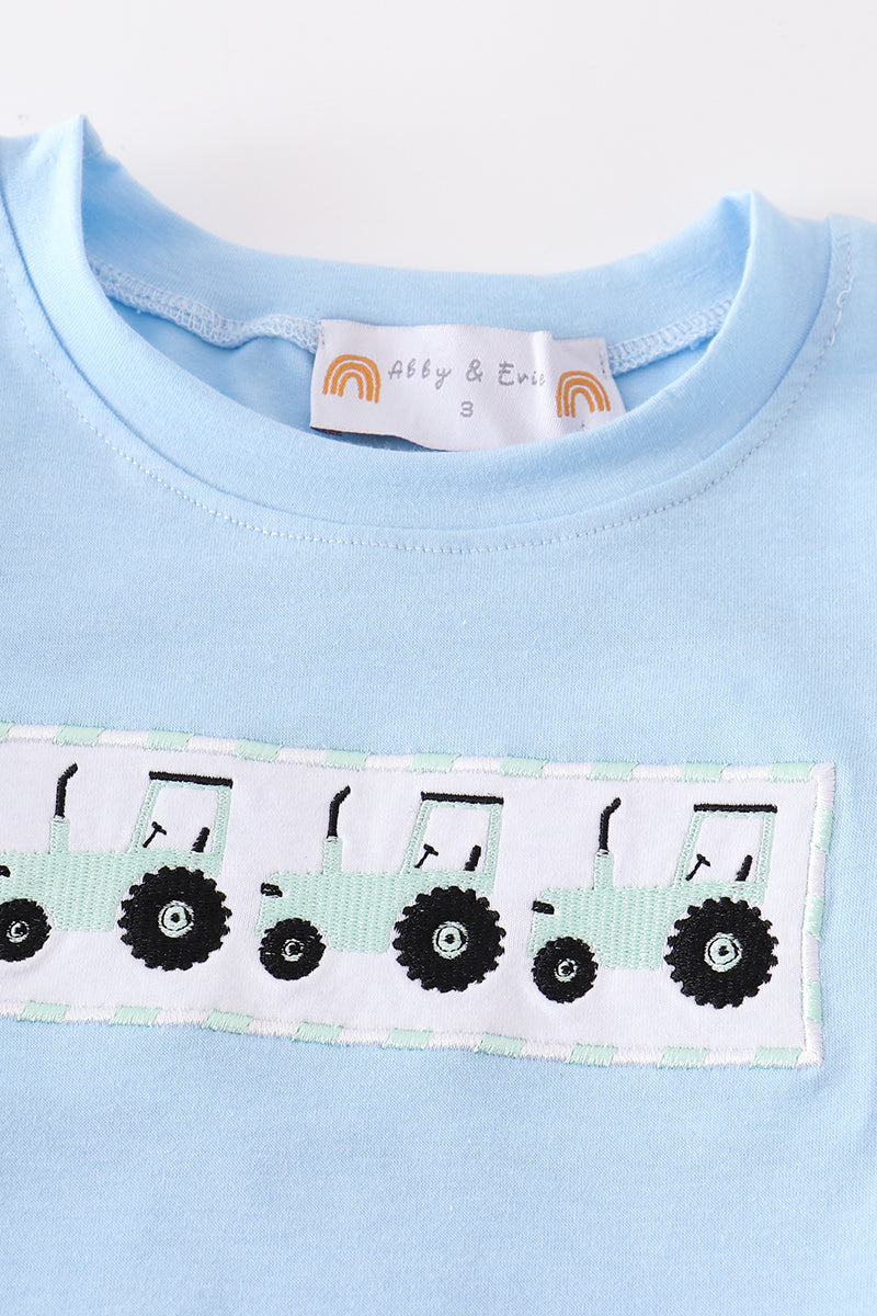 Abby & Evie - Blue Tractor Embroidery Plaid Boy Bubble