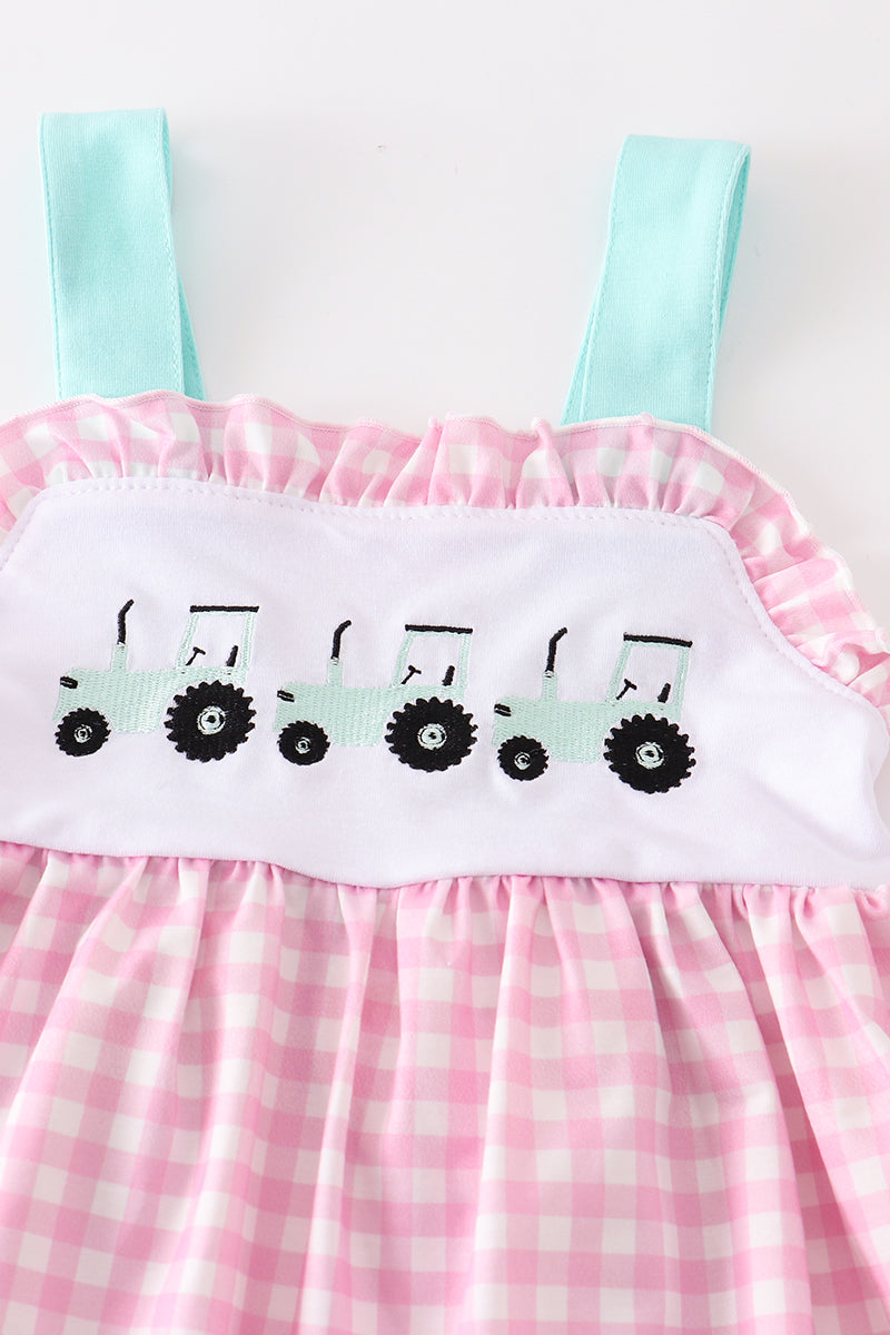 Abby & Evie - Pink Tractor Embroidery Plaid Girl Set
