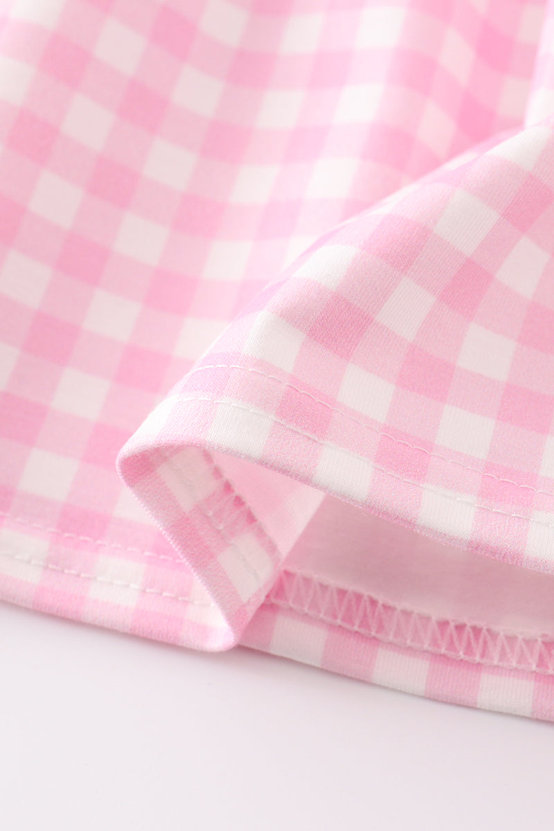 Abby & Evie - Pink Tractor Embroidery Plaid Girl Set