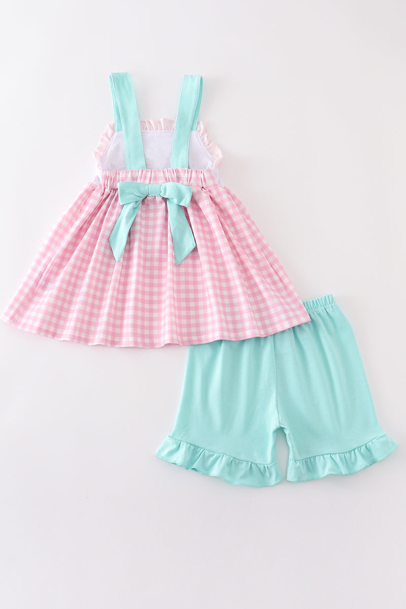 Abby & Evie - Pink Tractor Embroidery Plaid Girl Set