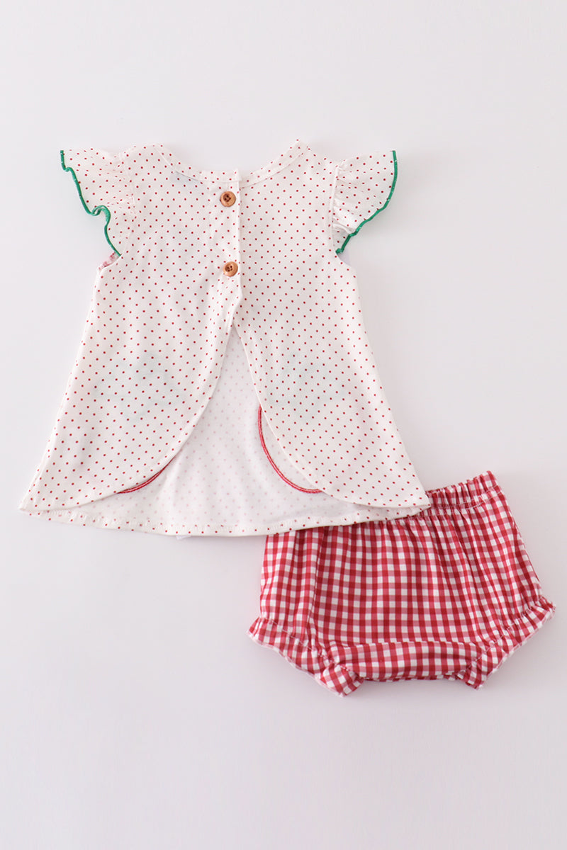 Abby & Evie - Red Dot Strawberry Applique Bloomer Set