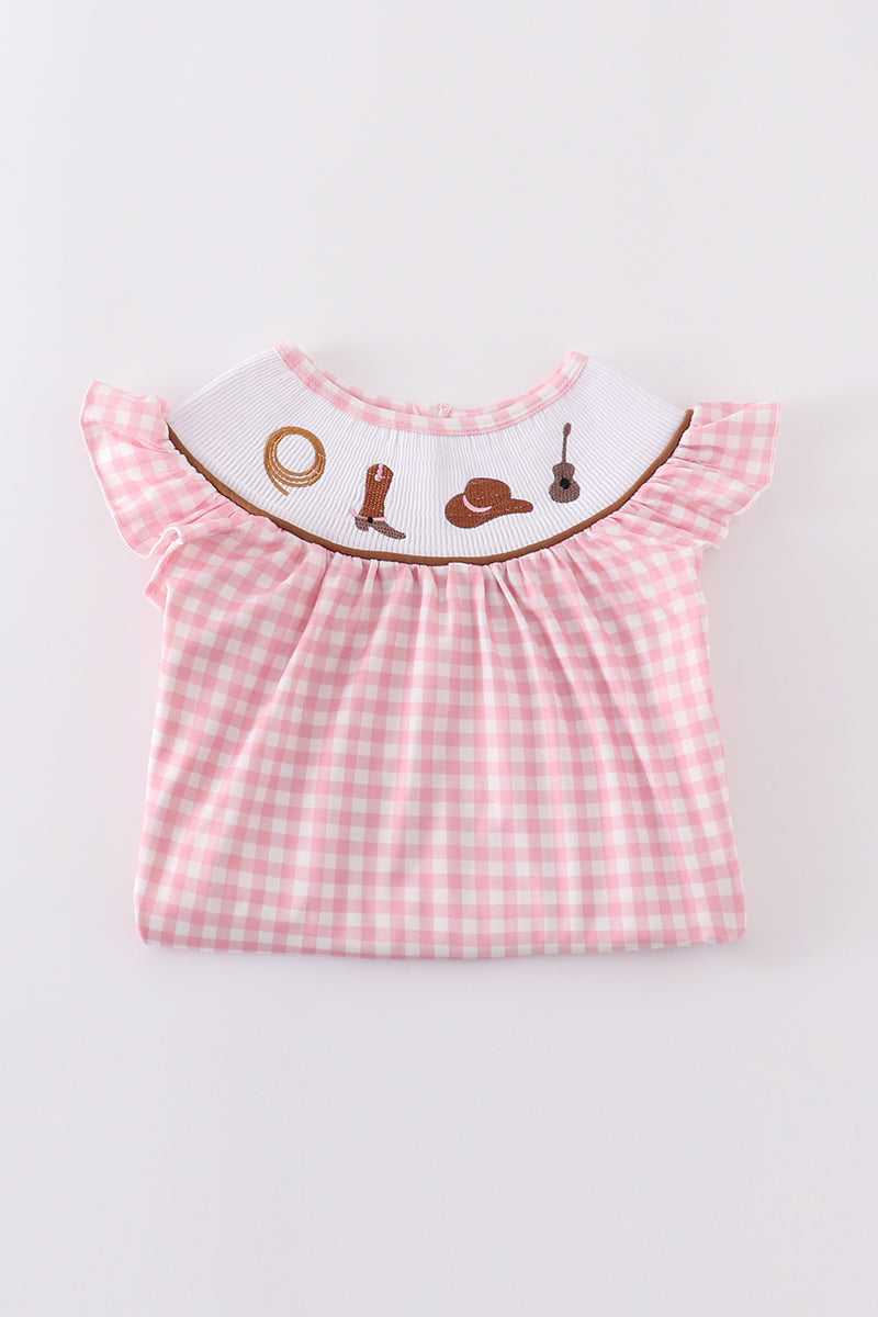 Abby & Evie - Pink Western Embroidery Smocked Dress