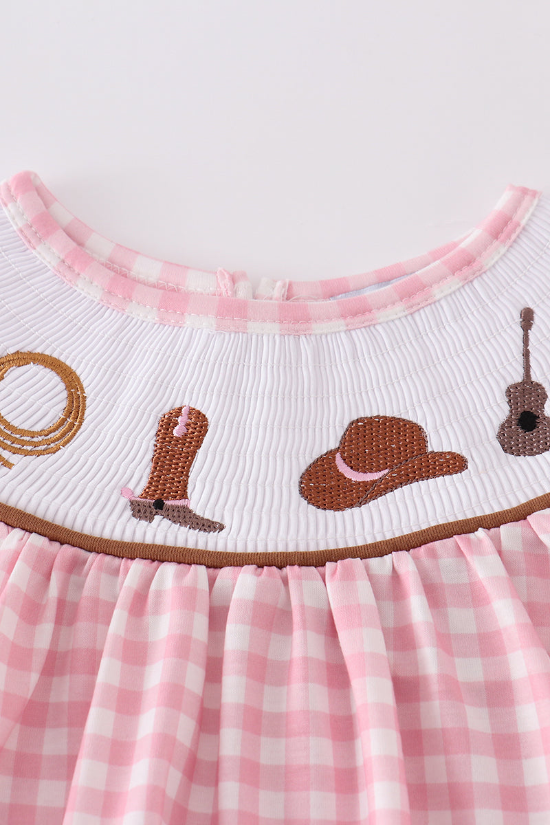 Abby & Evie - Pink Western Embroidery Smocked Dress