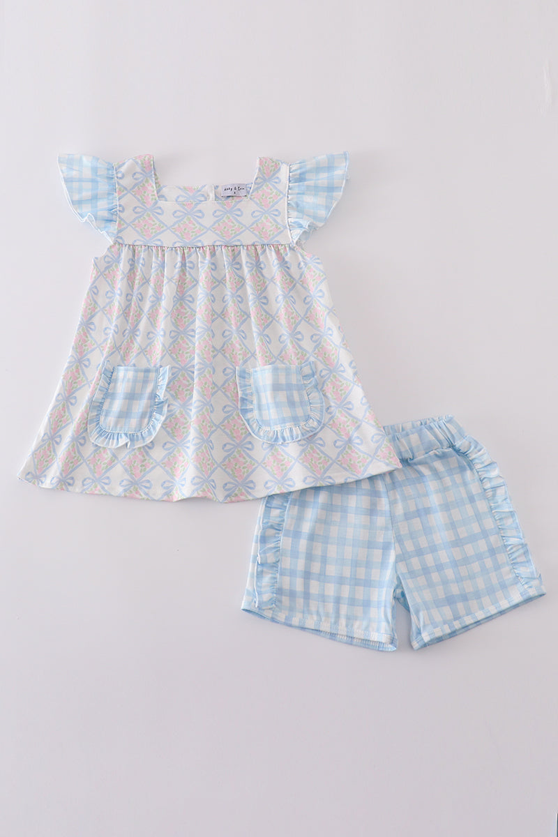 Abby & Evie - Plaid Floral Bow Print Girl Set