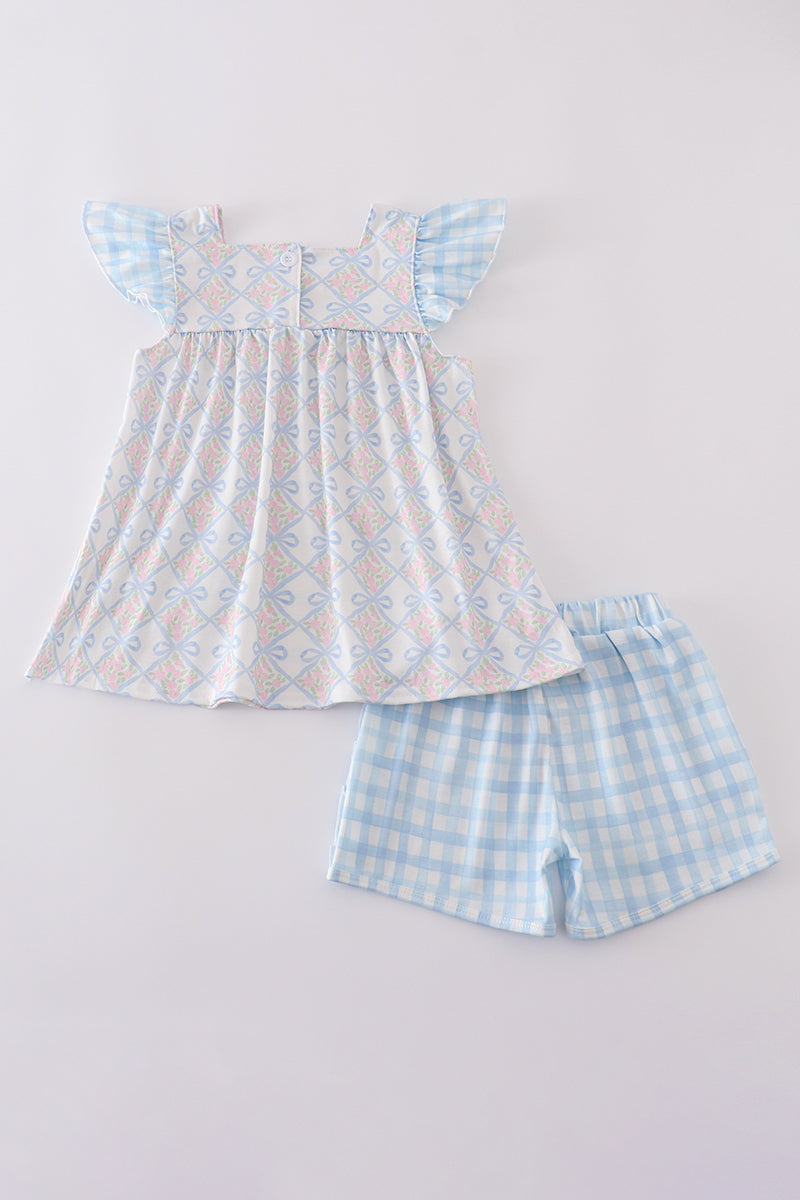 Abby & Evie - Plaid Floral Bow Print Girl Set