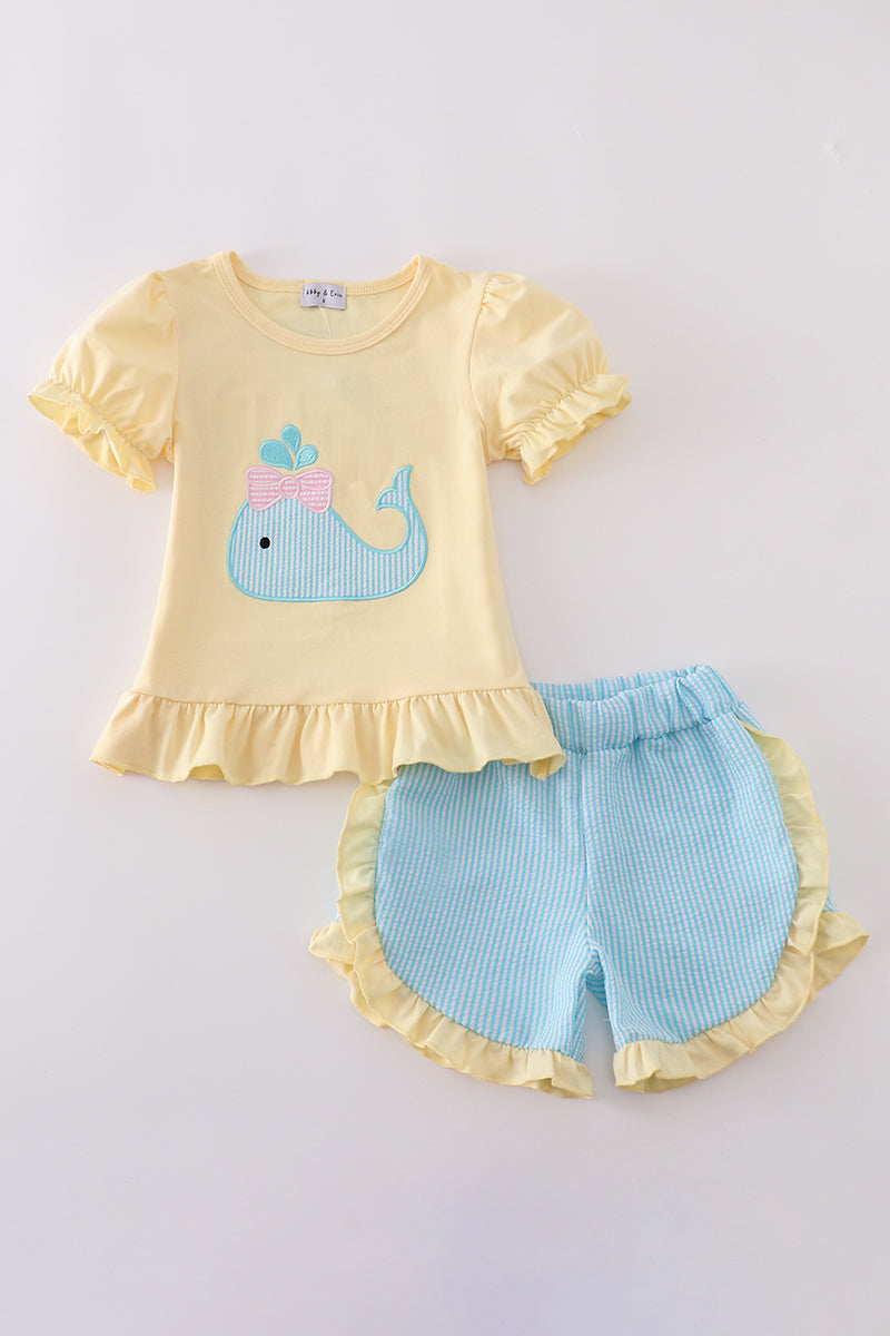 Abby & Evie - Yellow Whale Applique Girl Set