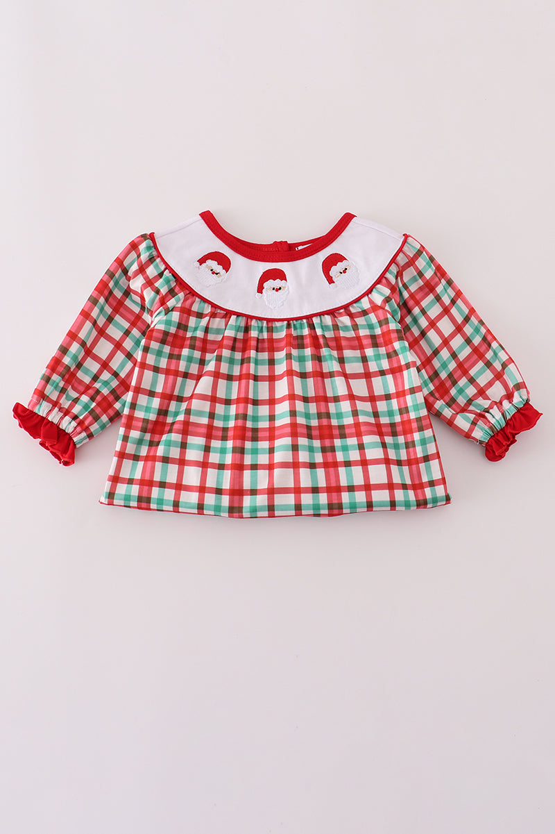Abby & Evie - Red Santa Claus Embroidery Plaid Ruffle Romper