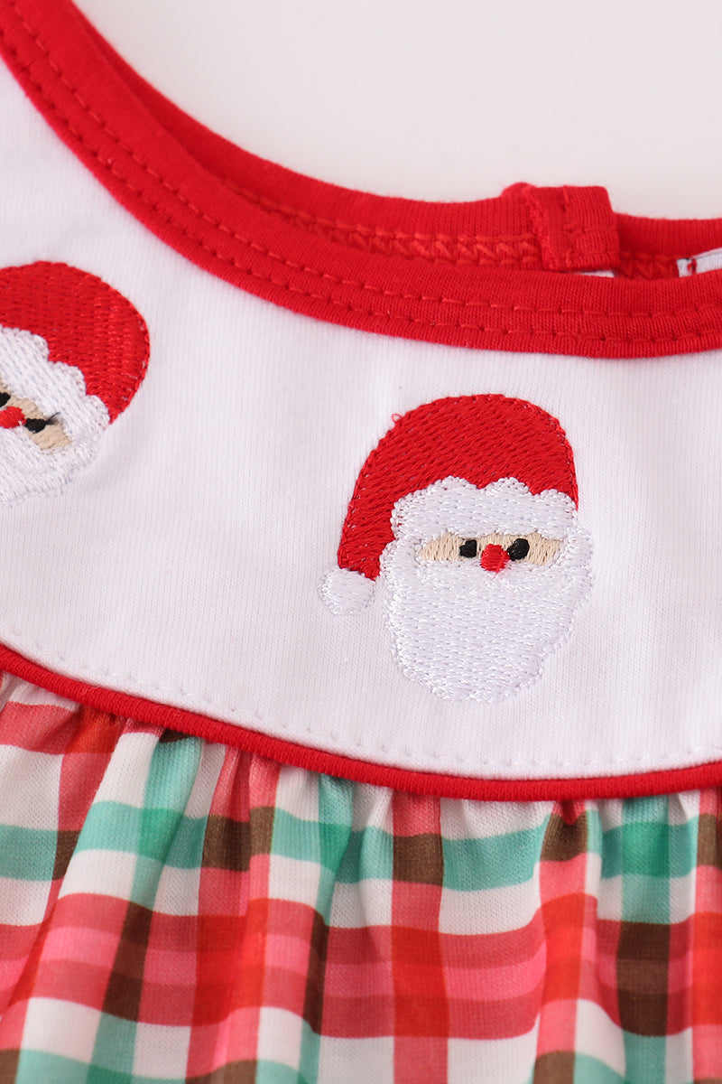 Abby & Evie - Red Santa Claus Embroidery Plaid Ruffle Romper