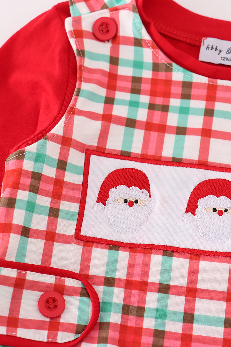 Abby & Evie - Red Santa Claus Embroidery Plaid JonJon Set