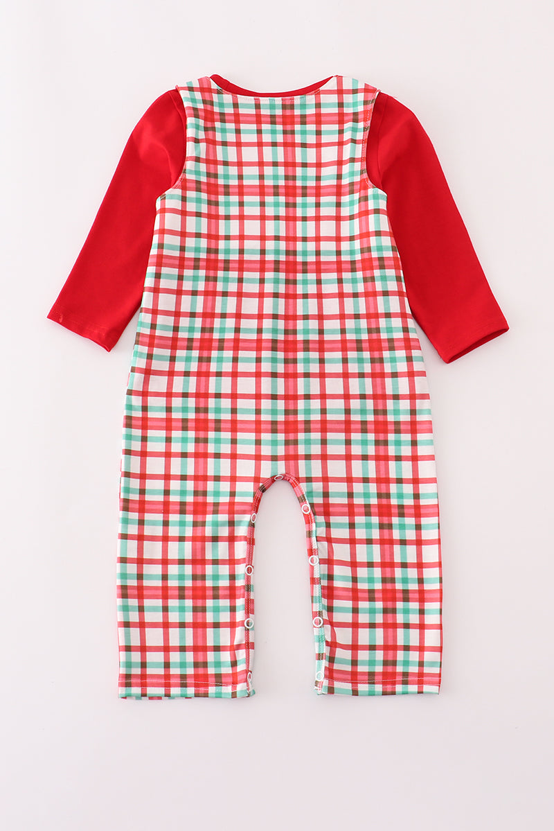 Abby & Evie - Red Santa Claus Embroidery Plaid JonJon Set