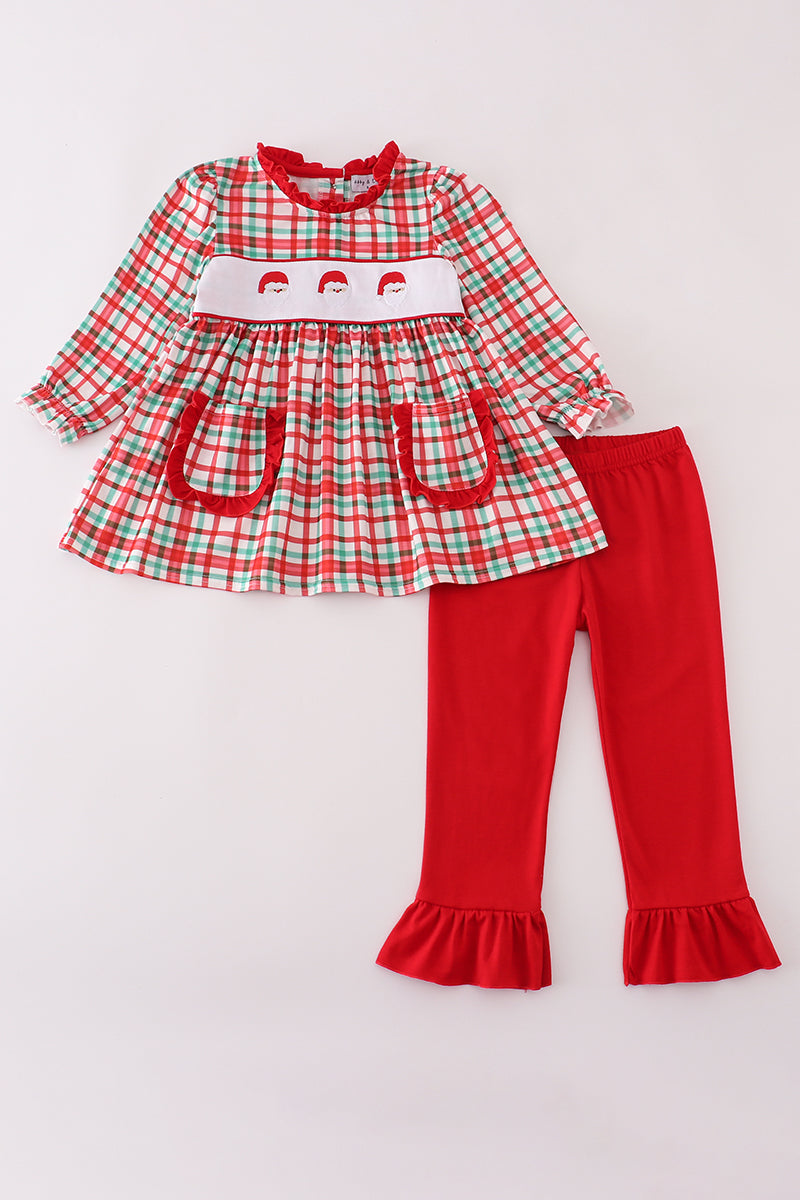Abby & Evie - Red Santa Claus Embroidery Plaid Ruffle Two Piece Set