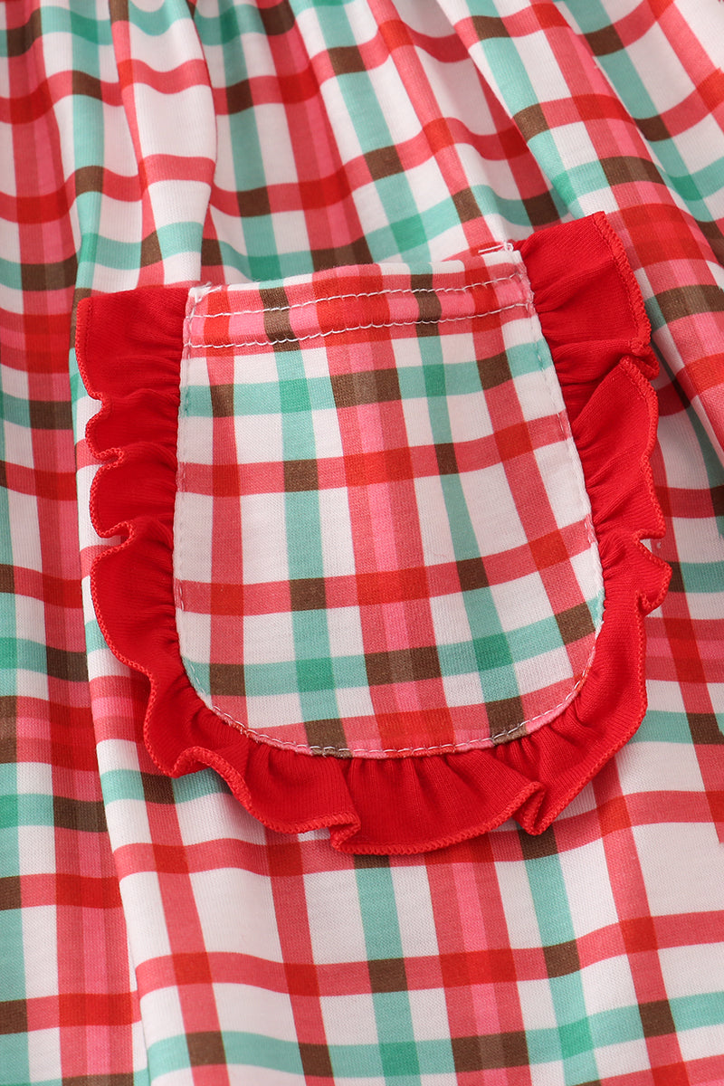 Abby & Evie - Red Santa Claus Embroidery Plaid Ruffle Two Piece Set