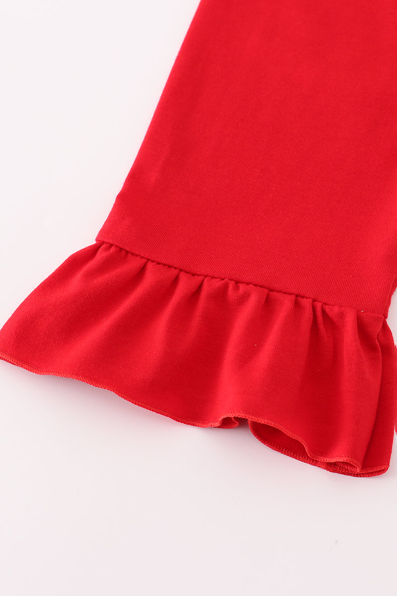 Abby & Evie - Red Santa Claus Embroidery Plaid Ruffle Two Piece Set