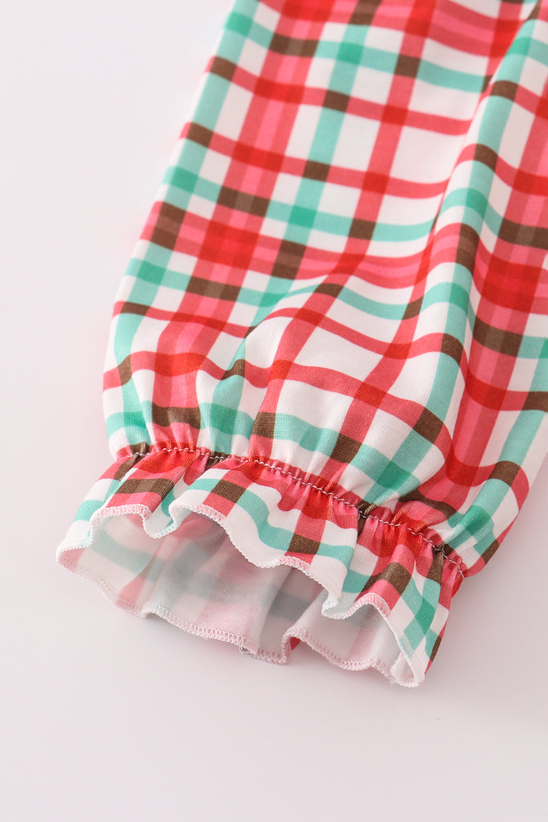 Abby & Evie - Red Santa Claus Embroidery Plaid Ruffle Two Piece Set