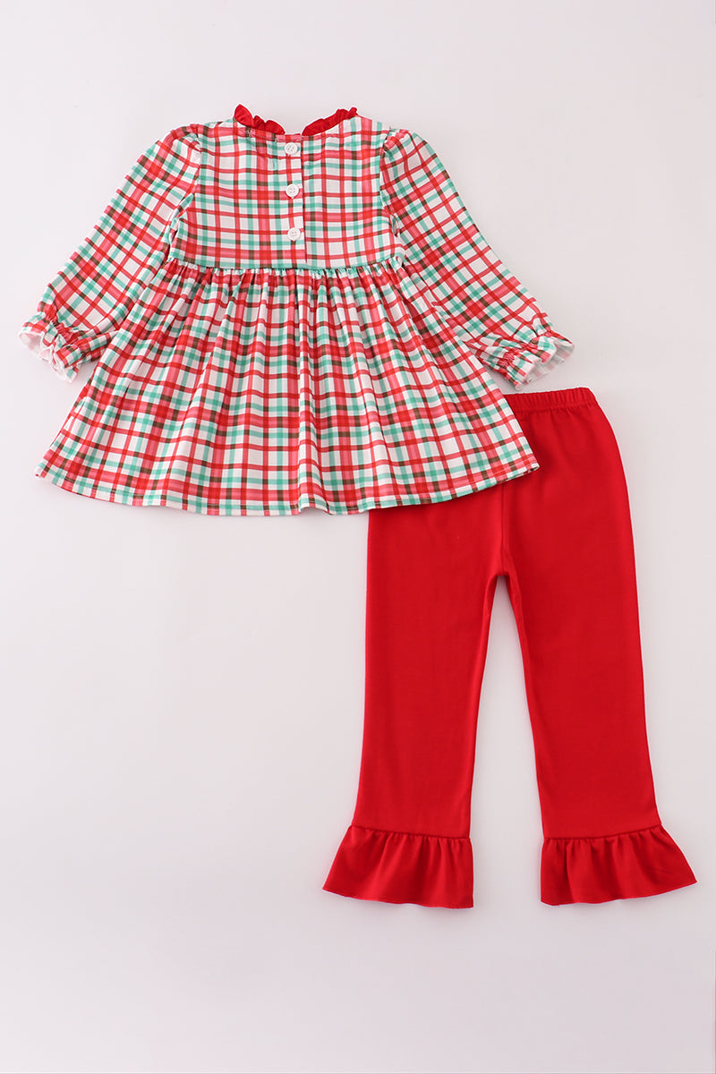 Abby & Evie - Red Santa Claus Embroidery Plaid Ruffle Two Piece Set