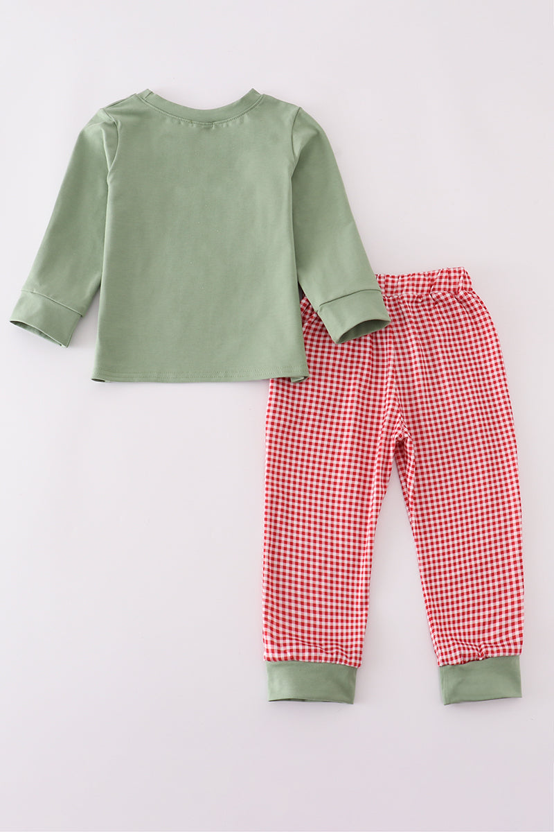 Abby & Evie - Boy Green Reindeer Embroidery Two Piece Set