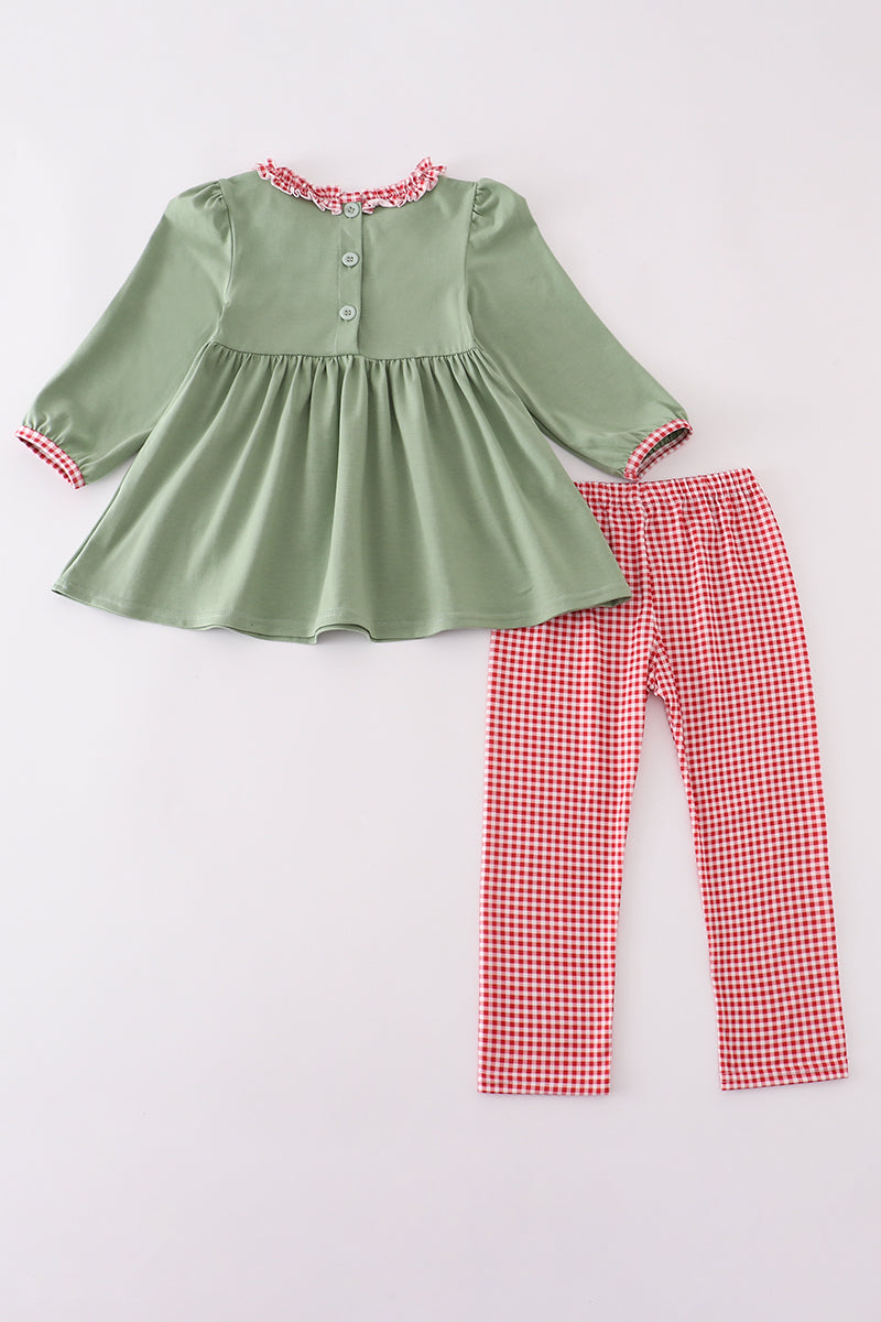 Abby & Evie - Green Reindeer Embroidery Ruffle Two Piece Set