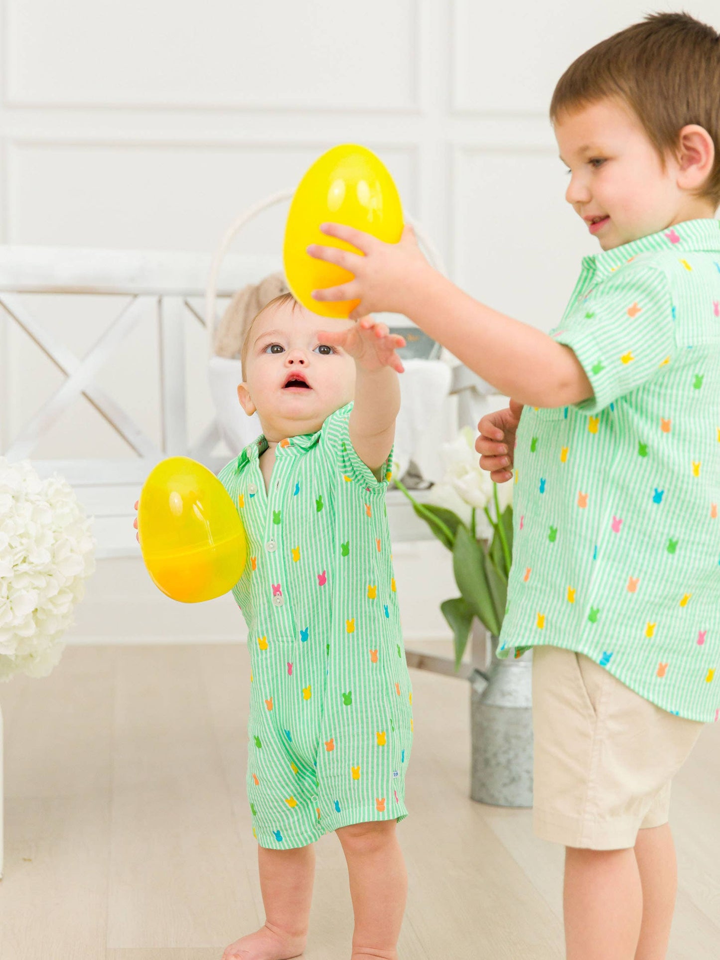 RuffleButts + RuggedButts - Baby Boys Green Bunny Stripe Cotton Gauze Button-Up Romper