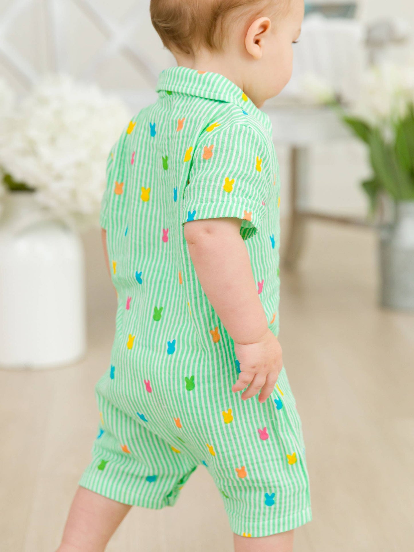 RuffleButts + RuggedButts - Baby Boys Green Bunny Stripe Cotton Gauze Button-Up Romper