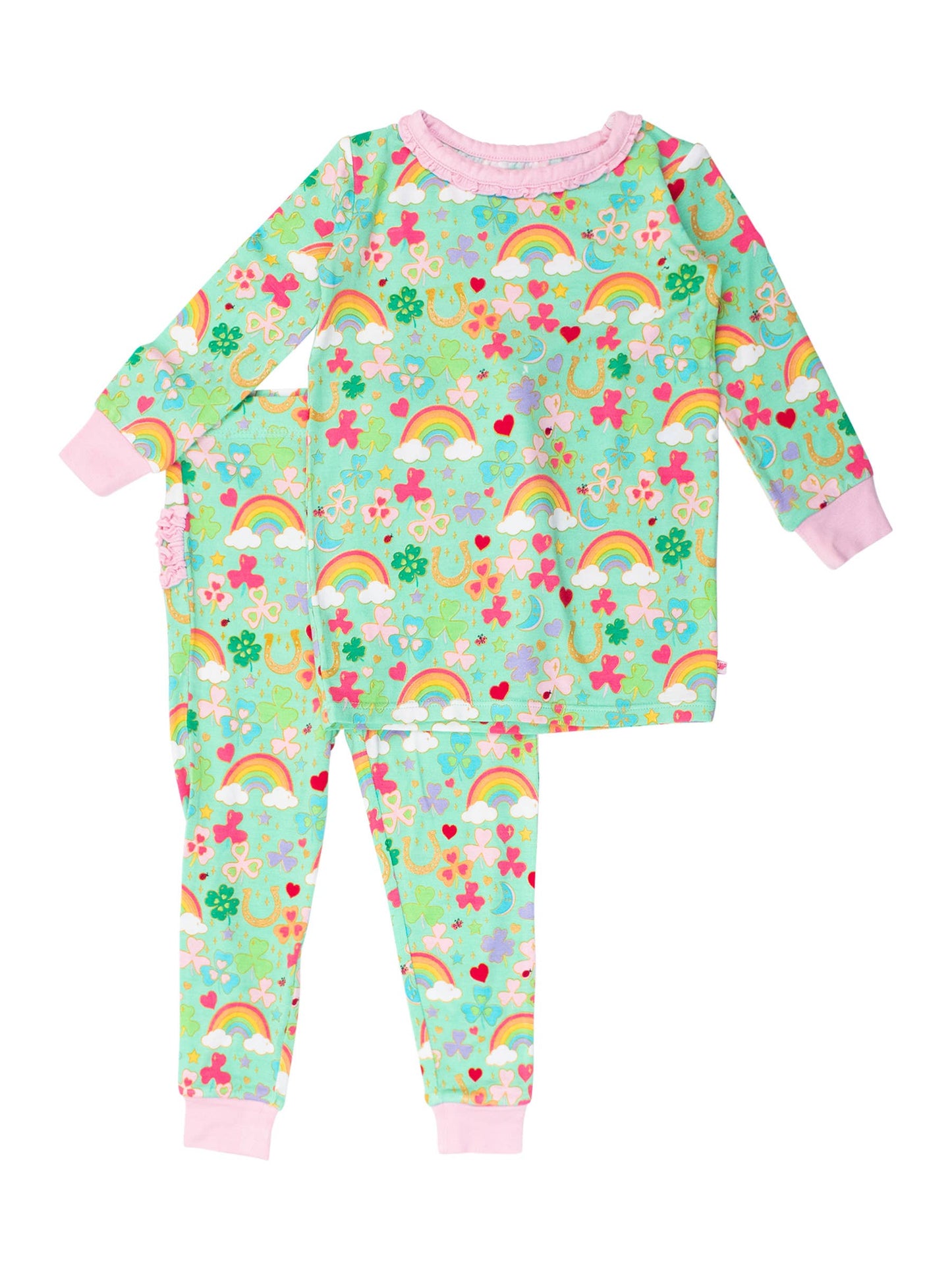 RuffleButts + RuggedButts - Baby Girls Green Lucky Day Bamboo Viscose Footed Ruffle One Piece Pajama