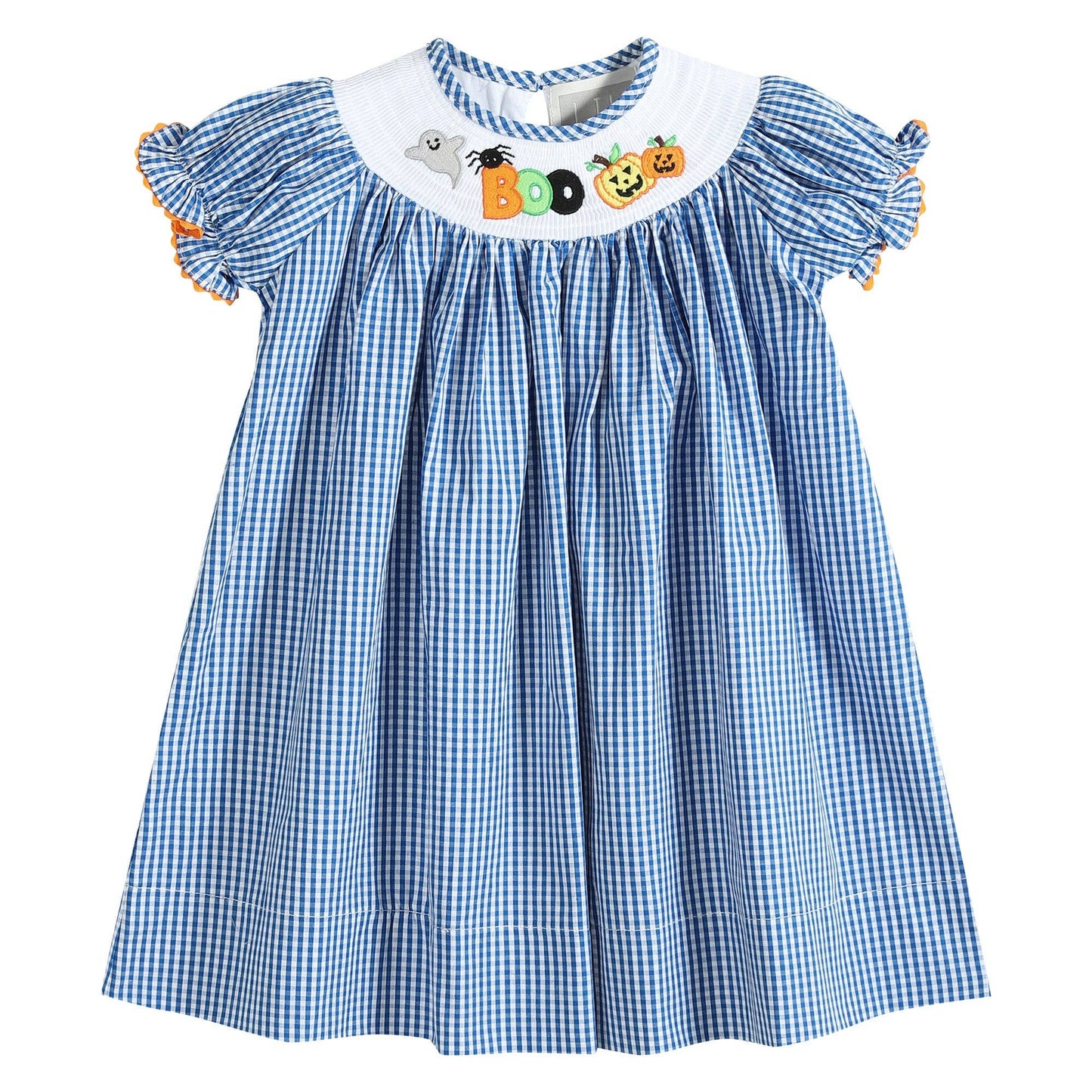 Lil Cactus - Blue Gingham Halloween Boo Smocked Bishop Dress