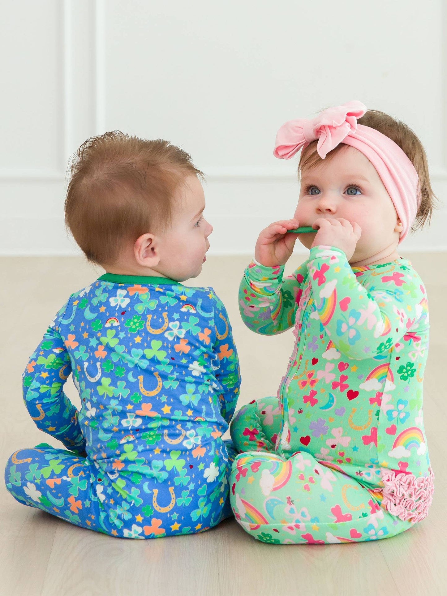 RuffleButts + RuggedButts - Baby Girls Green Lucky Day Bamboo Viscose Footed Ruffle One Piece Pajama